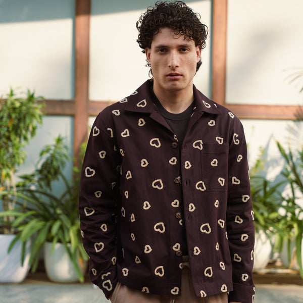 Winter Hearts Oversized Shacket (Espresso Beans with Ecru Hearts Embroidery)