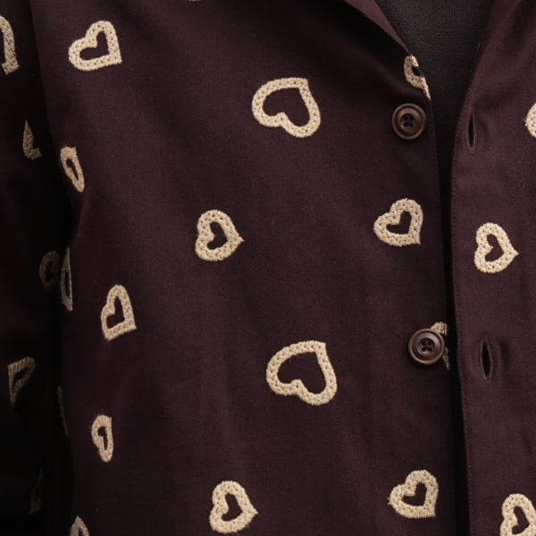 Winter Hearts Oversized Shacket (Espresso Beans with Ecru Hearts Embroidery)