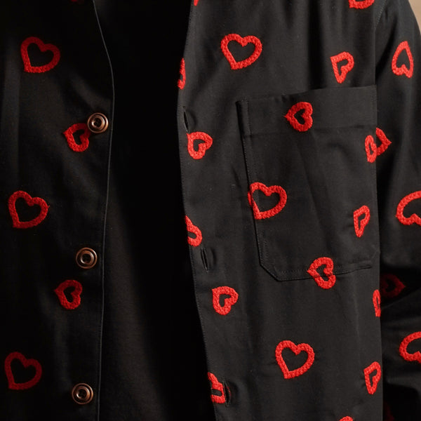 Winter Hearts Oversized Shacket (Espresso Beans with Ecru Hearts Embroidery)