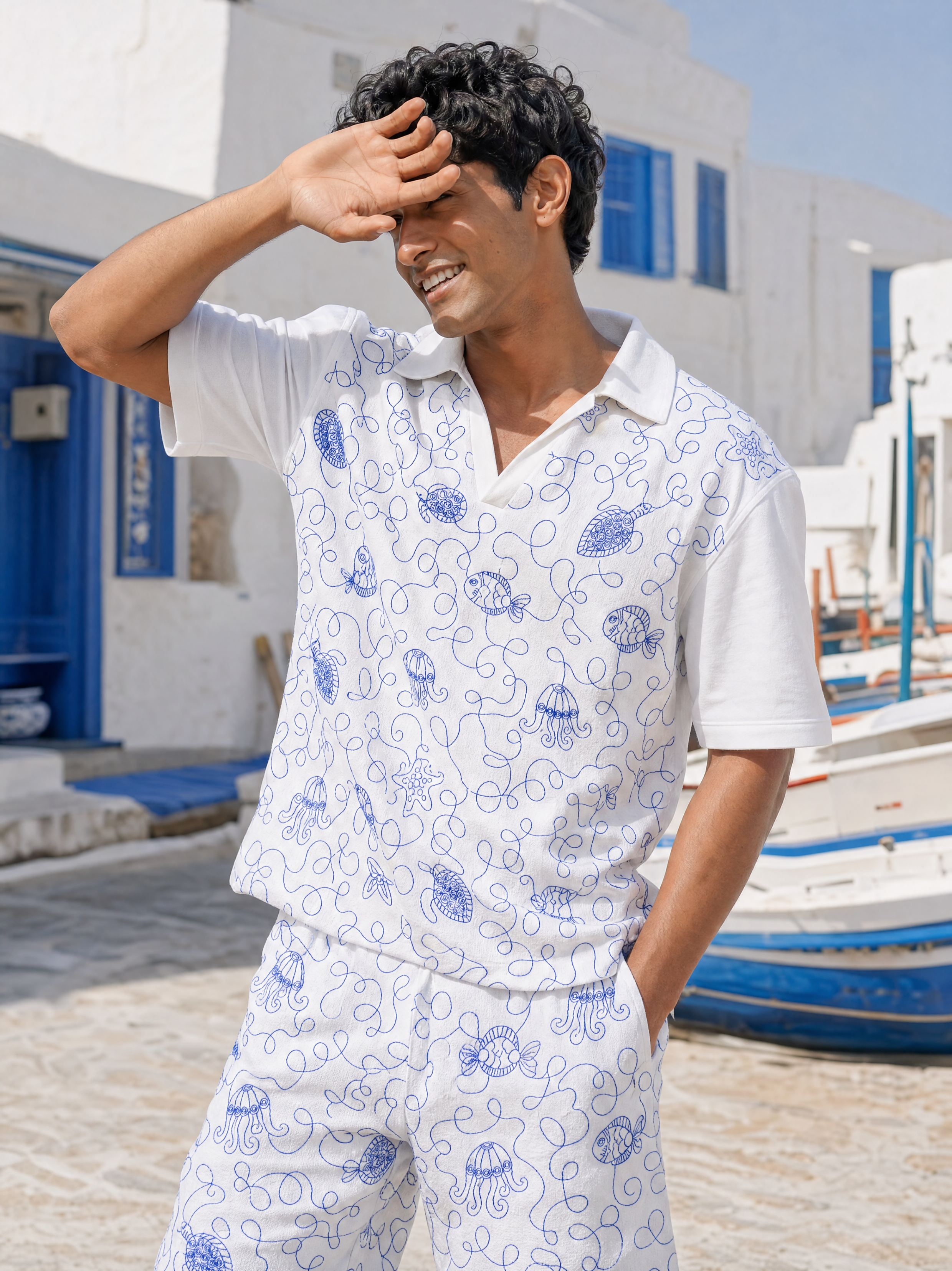 Reef Rider Cotton Knit Co-ord Set (White with Blue Embroidery)