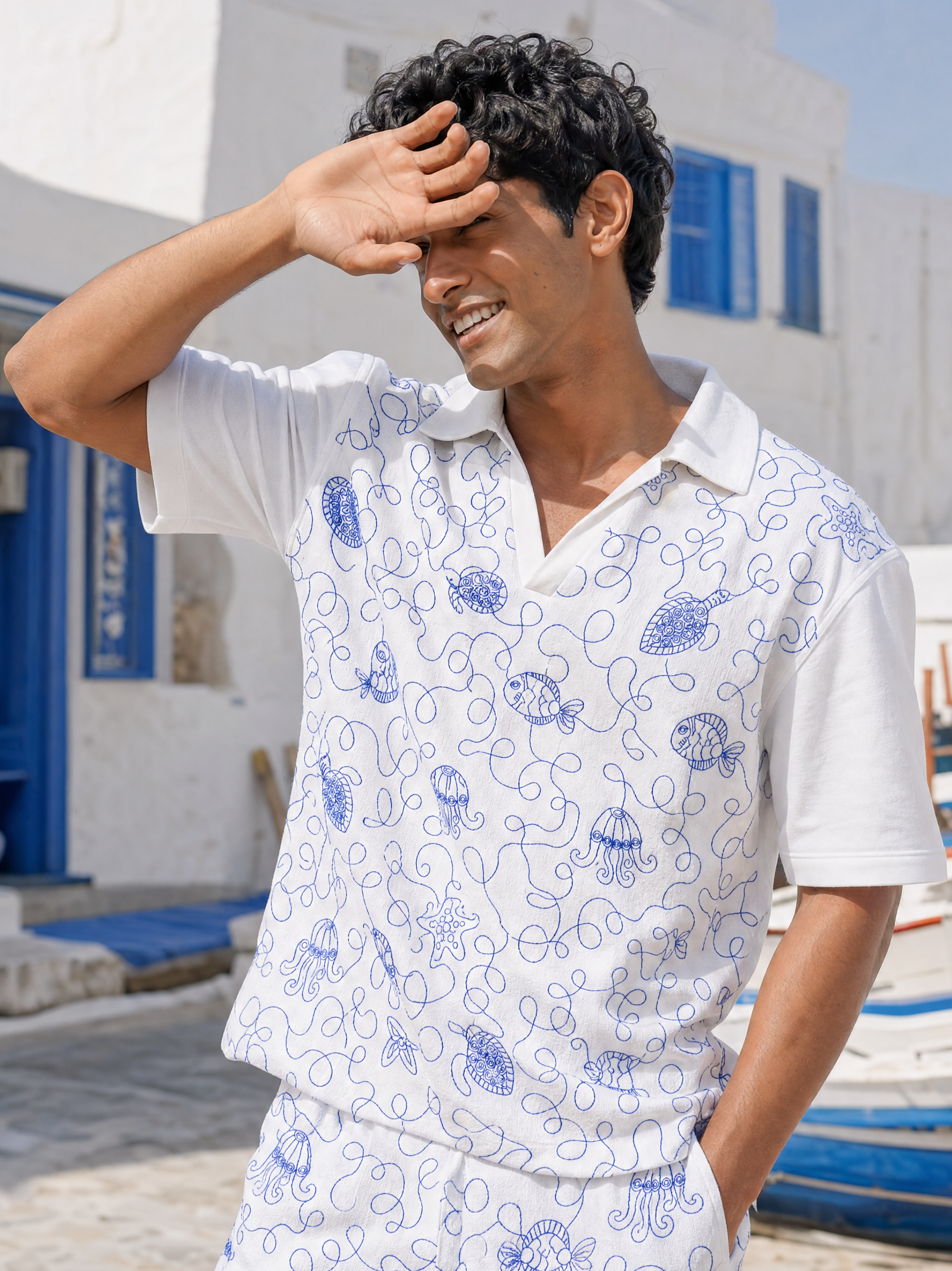 Reef Rider Cotton Knit T-Shirt (White with Blue Embroidery)