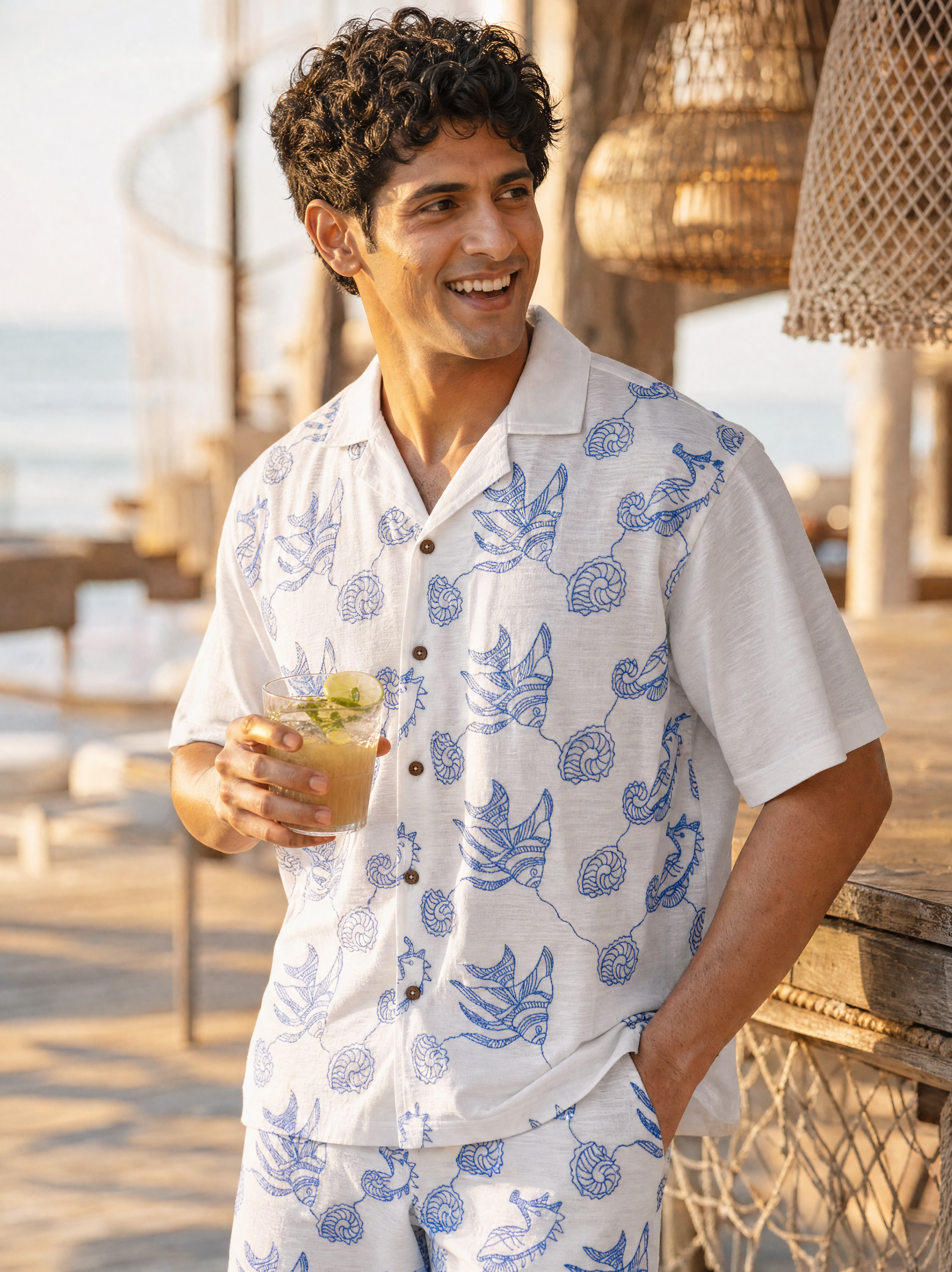 Tidal Tales Cotton Slub Knit Shirt (White)