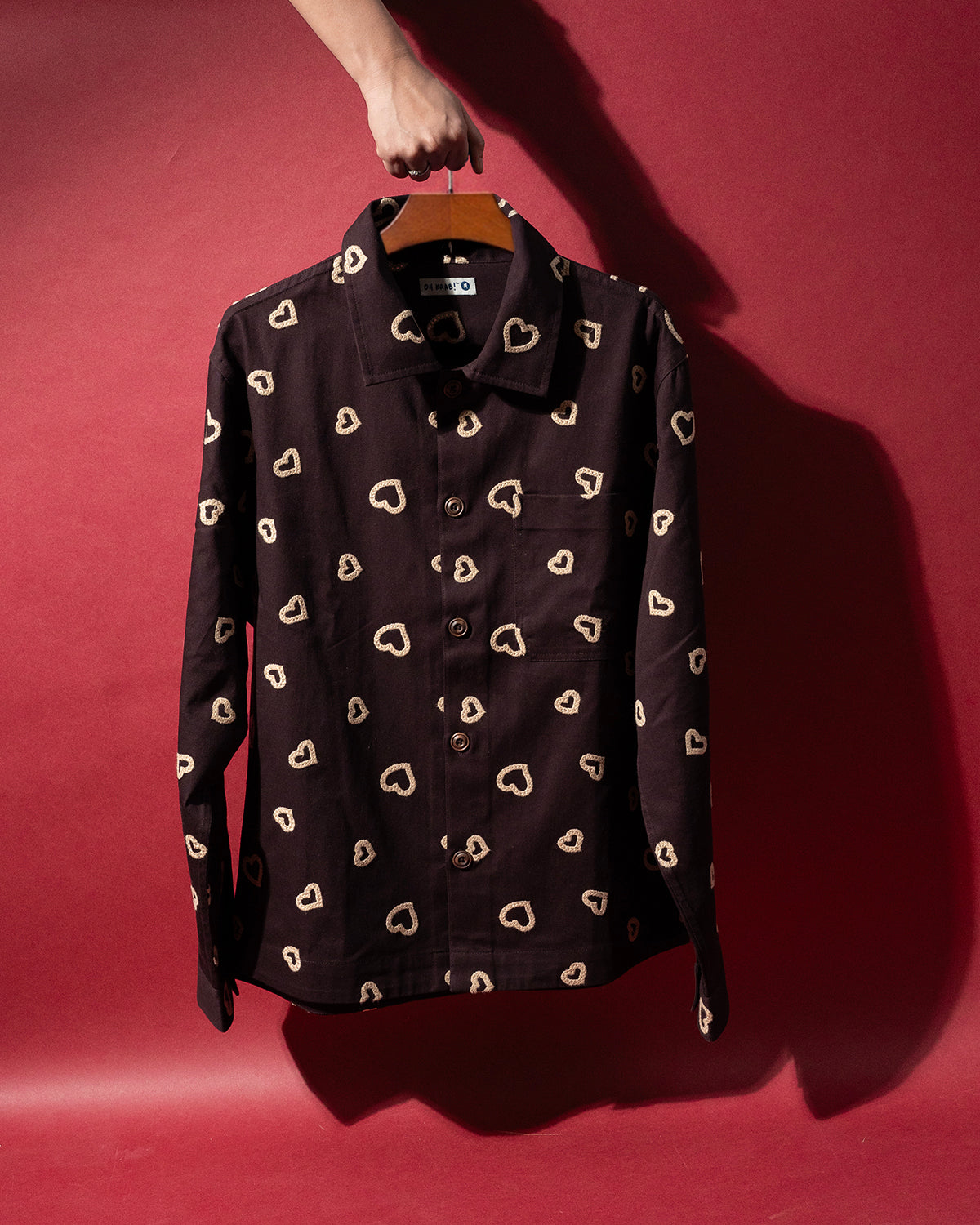Winter Hearts Oversized Shacket (Black with Red Hearts Embroidery)