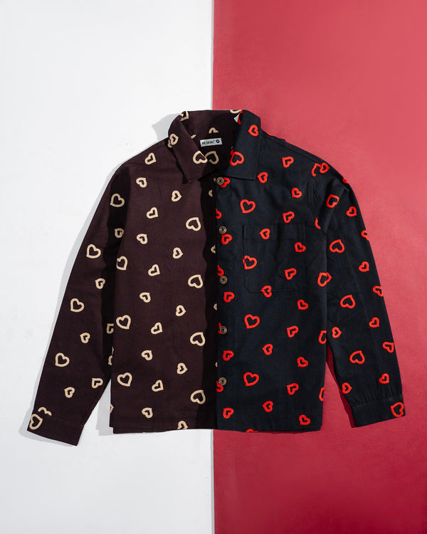 Winter Hearts Oversized Shacket (Espresso Beans with Ecru Hearts Embroidery)