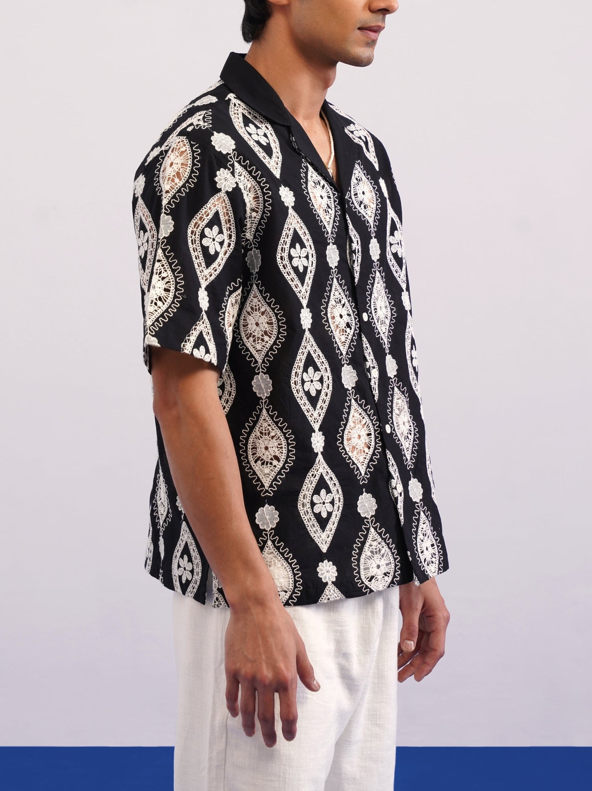 OASIS MEDALLION COTTON CUTWORK SHIRT - MIDNIGHT BLACK