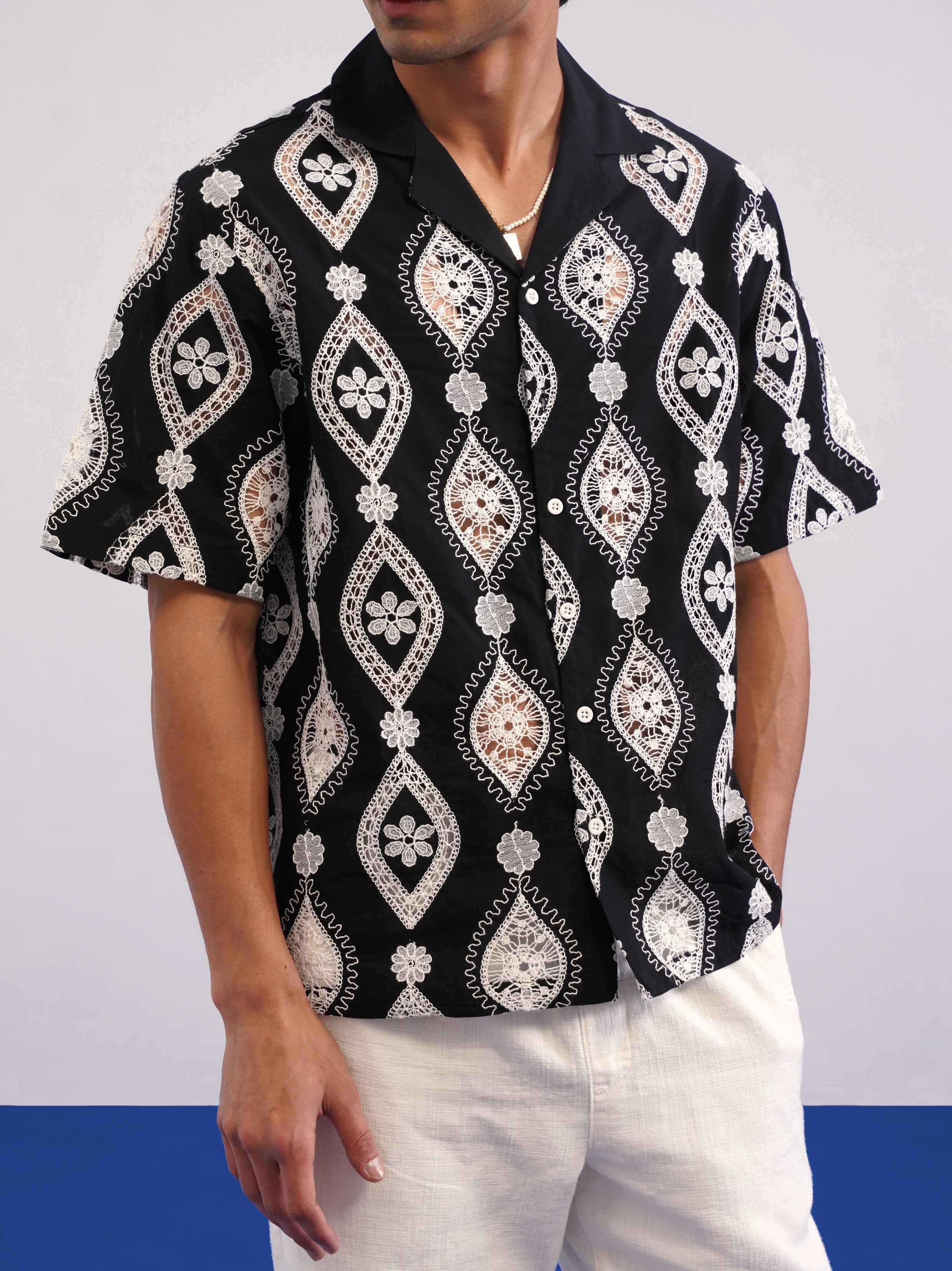 OASIS MEDALLION COTTON CUTWORK SHIRT - MIDNIGHT BLACK