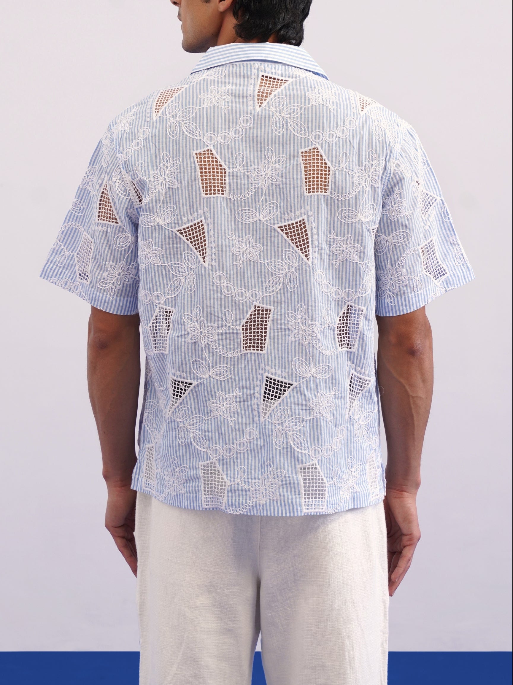 MARINA BLOOM COTTON STRIPE CUTWORK SHIRT - SKY STRIPE/SALT