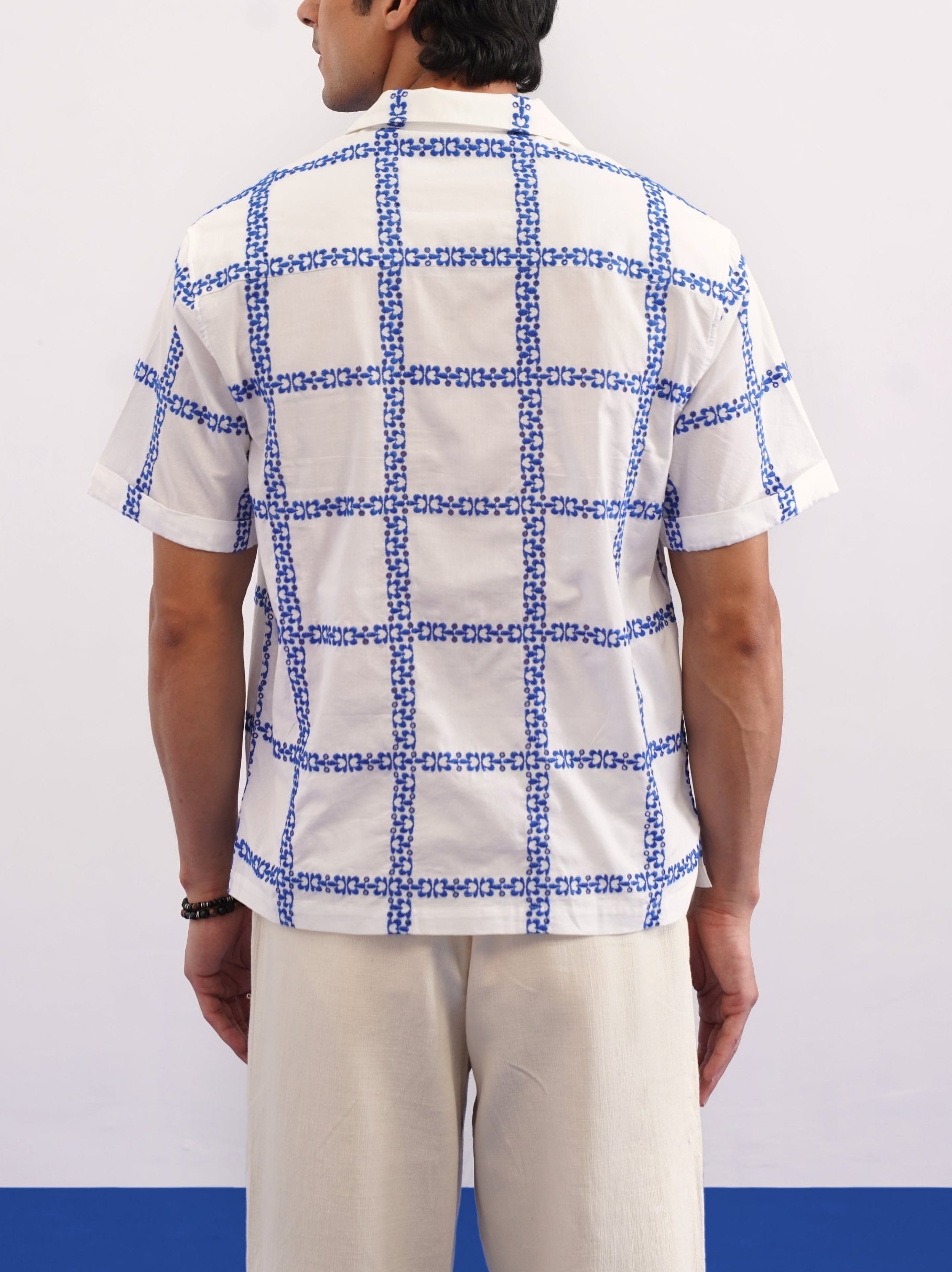 CABANA BLOOM COTTON SHIRT - SALT/COBALT BLUE