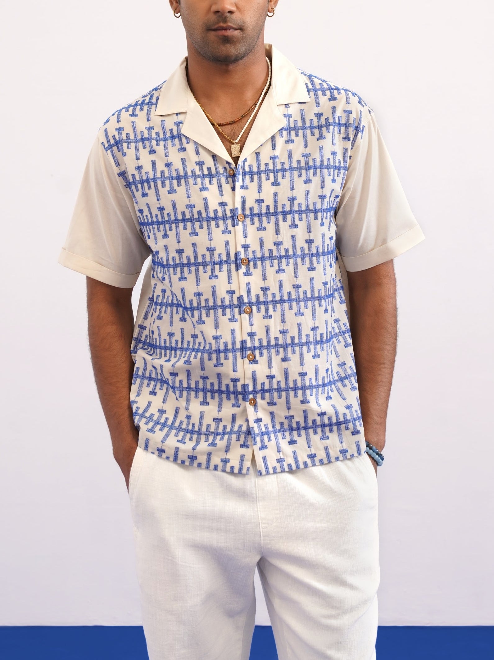 PIERLINE COTTON SHIRT - ECRU/COBALT BLUE
