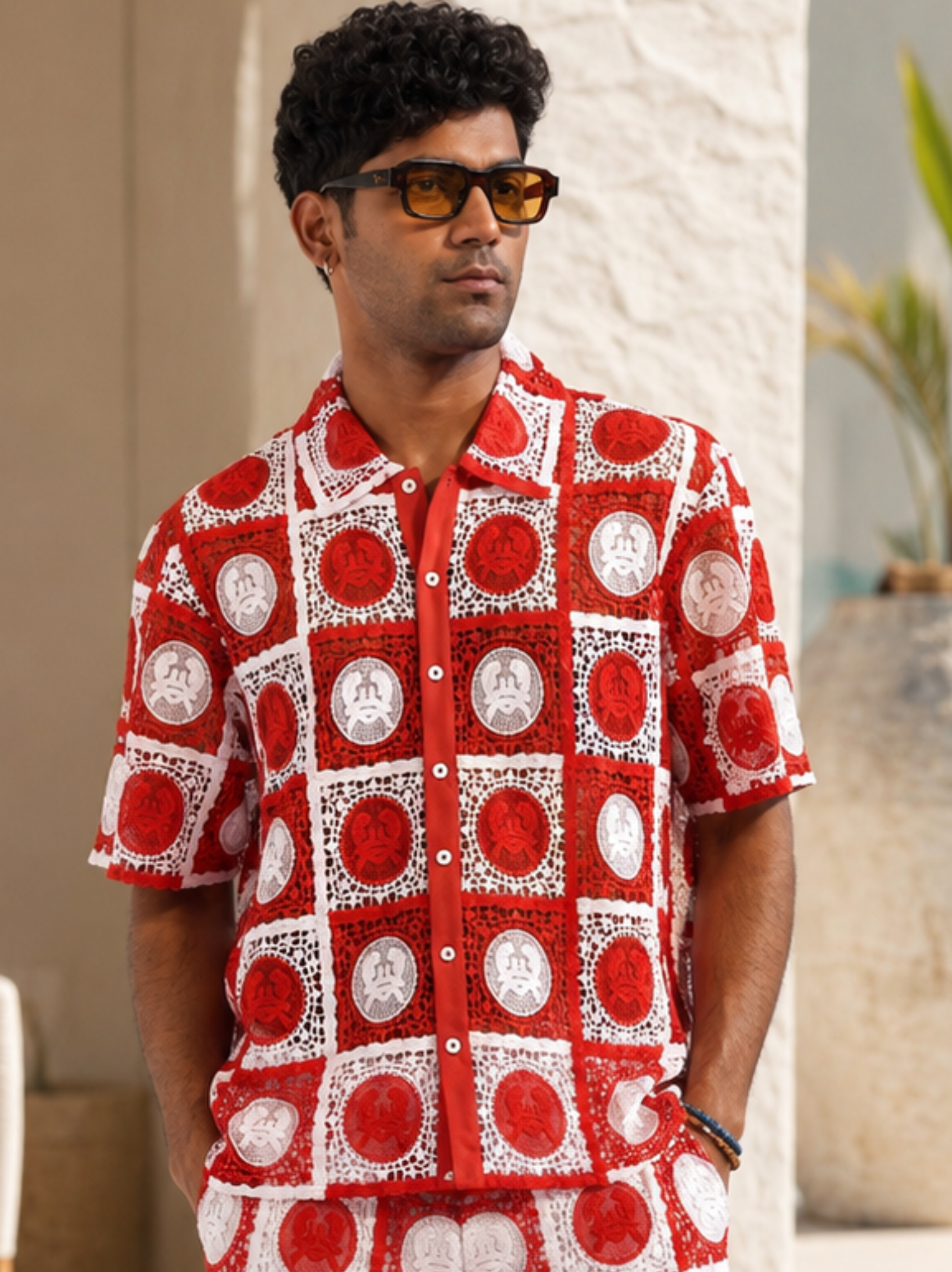 KRAB CREST GUIPURE SHIRT - CORAL CREST