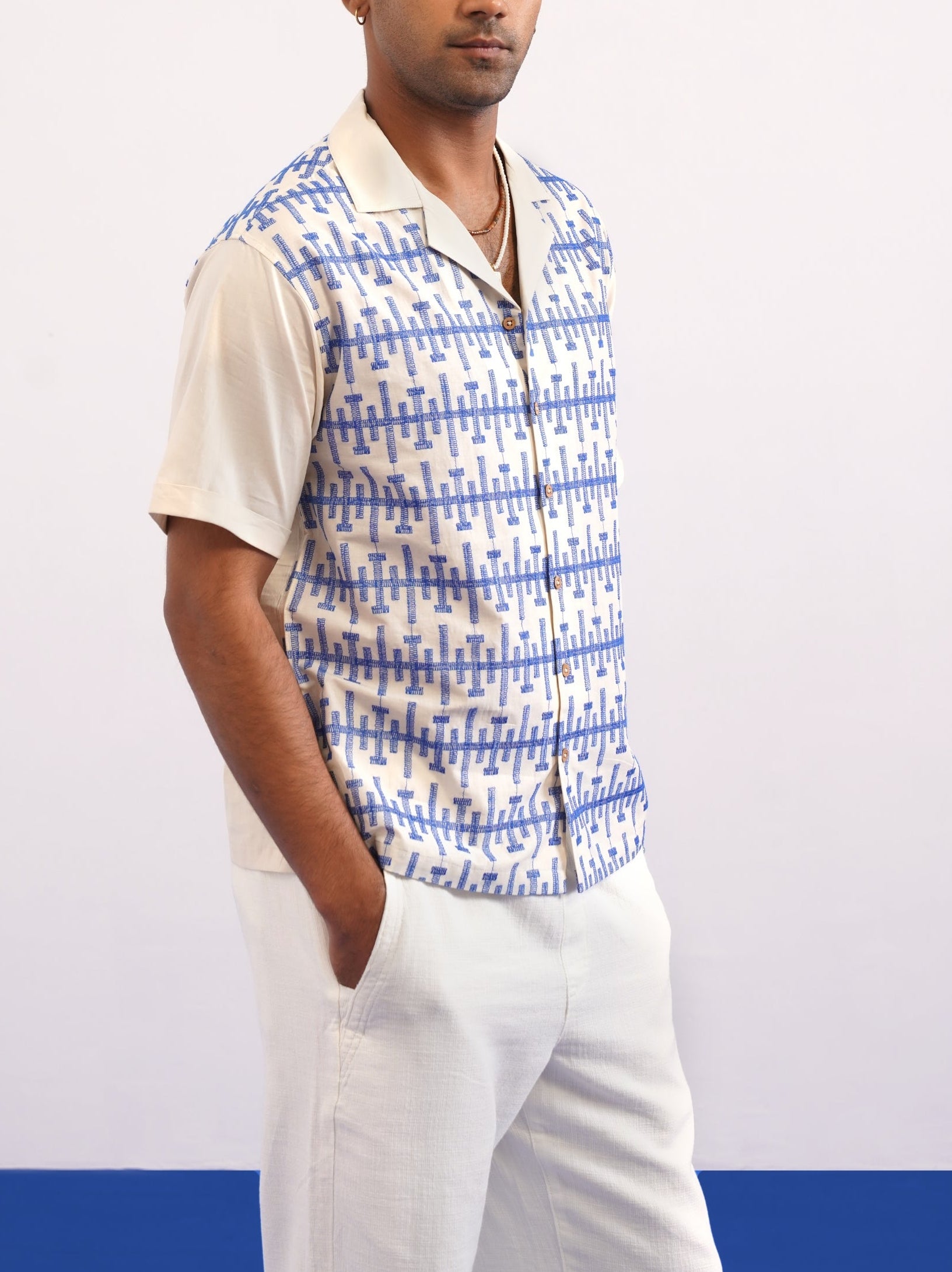 PIERLINE COTTON SHIRT - ECRU/COBALT BLUE