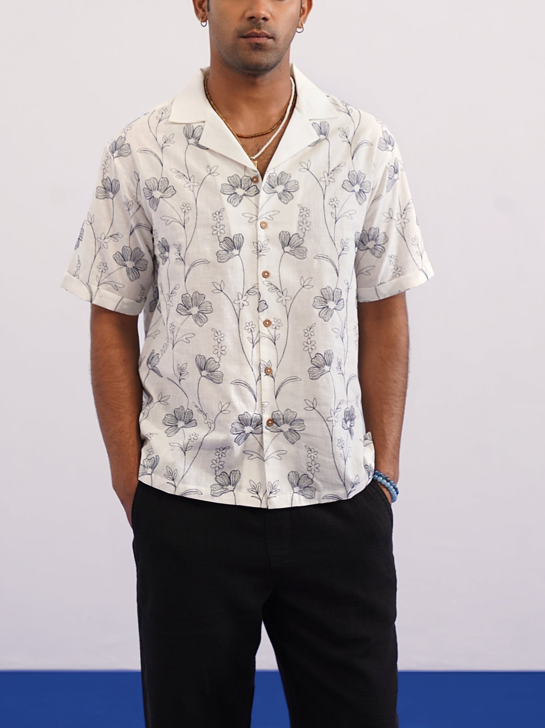INK MEADOW COTTON LINEN SHIRT - SALT/MIDNIGHT BLACK