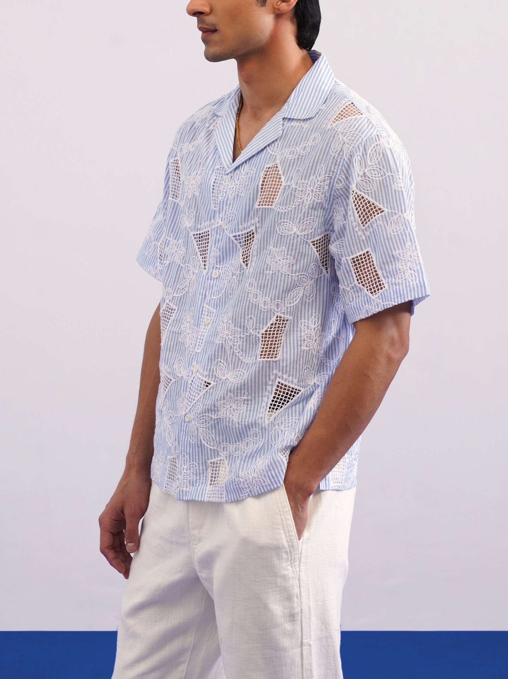 MARINA BLOOM COTTON STRIPE CUTWORK SHIRT - SKY STRIPE/SALT