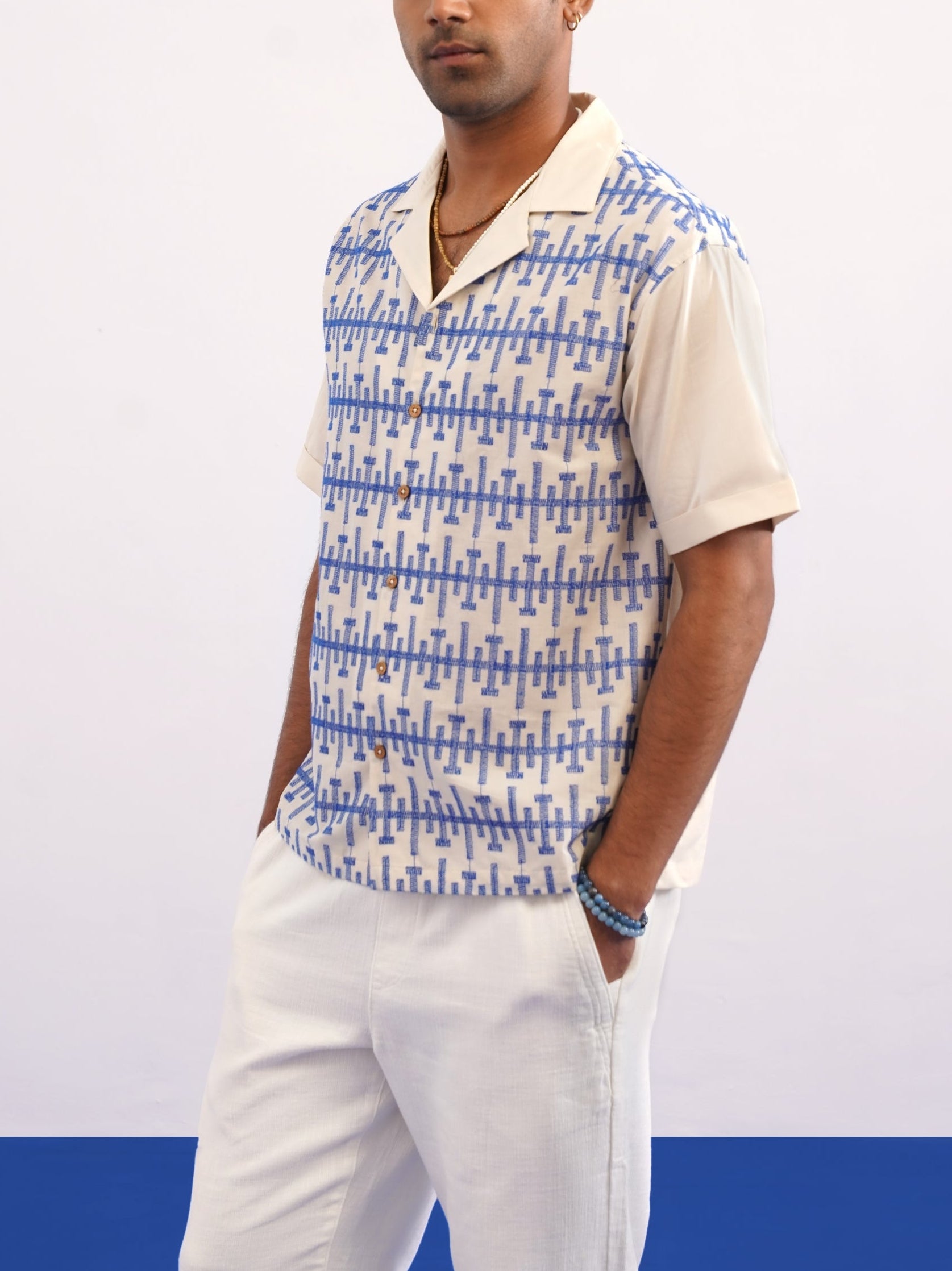 PIERLINE COTTON SHIRT - ECRU/COBALT BLUE