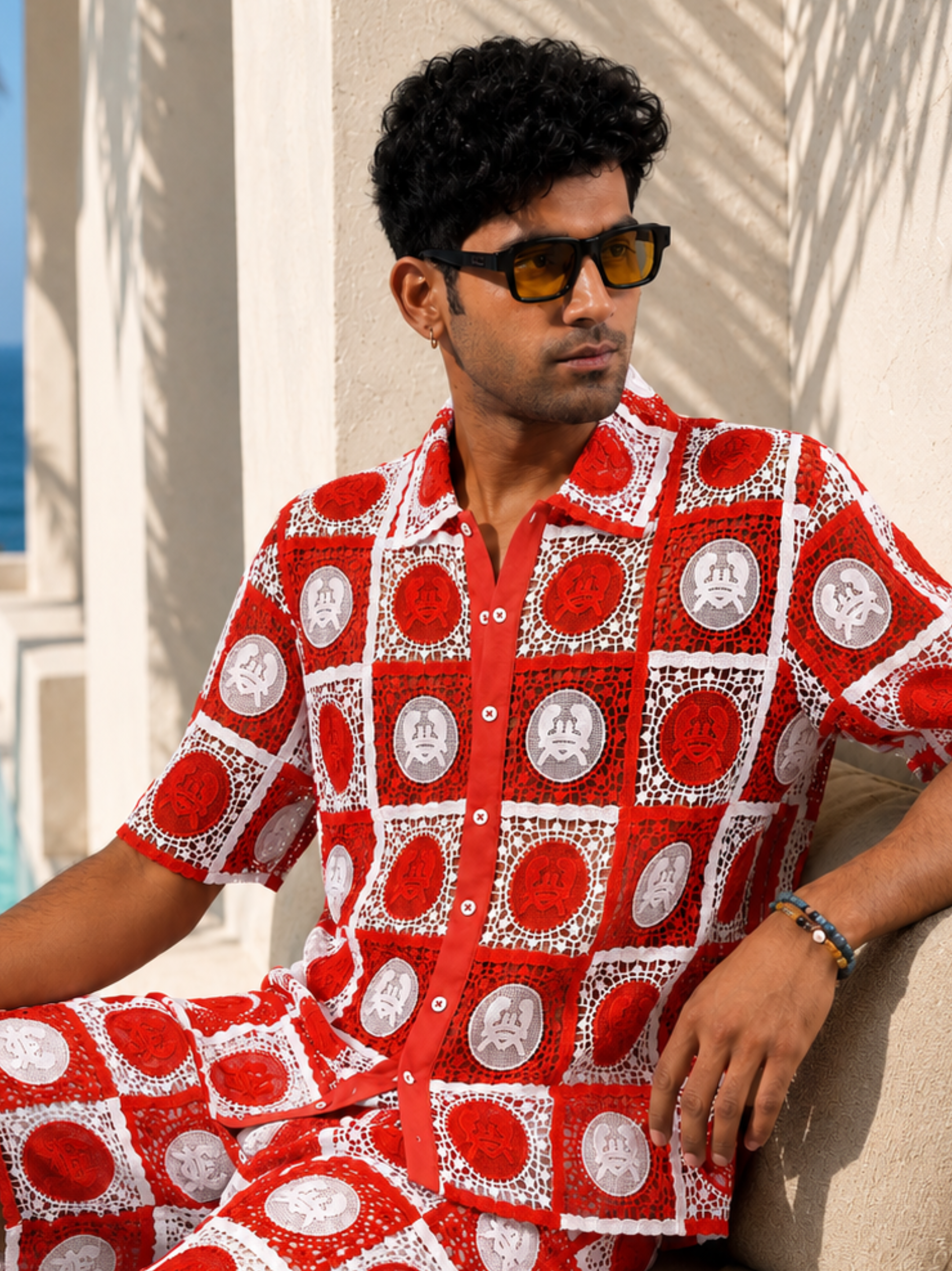 KRAB CREST GUIPURE SHIRT - CORAL CREST