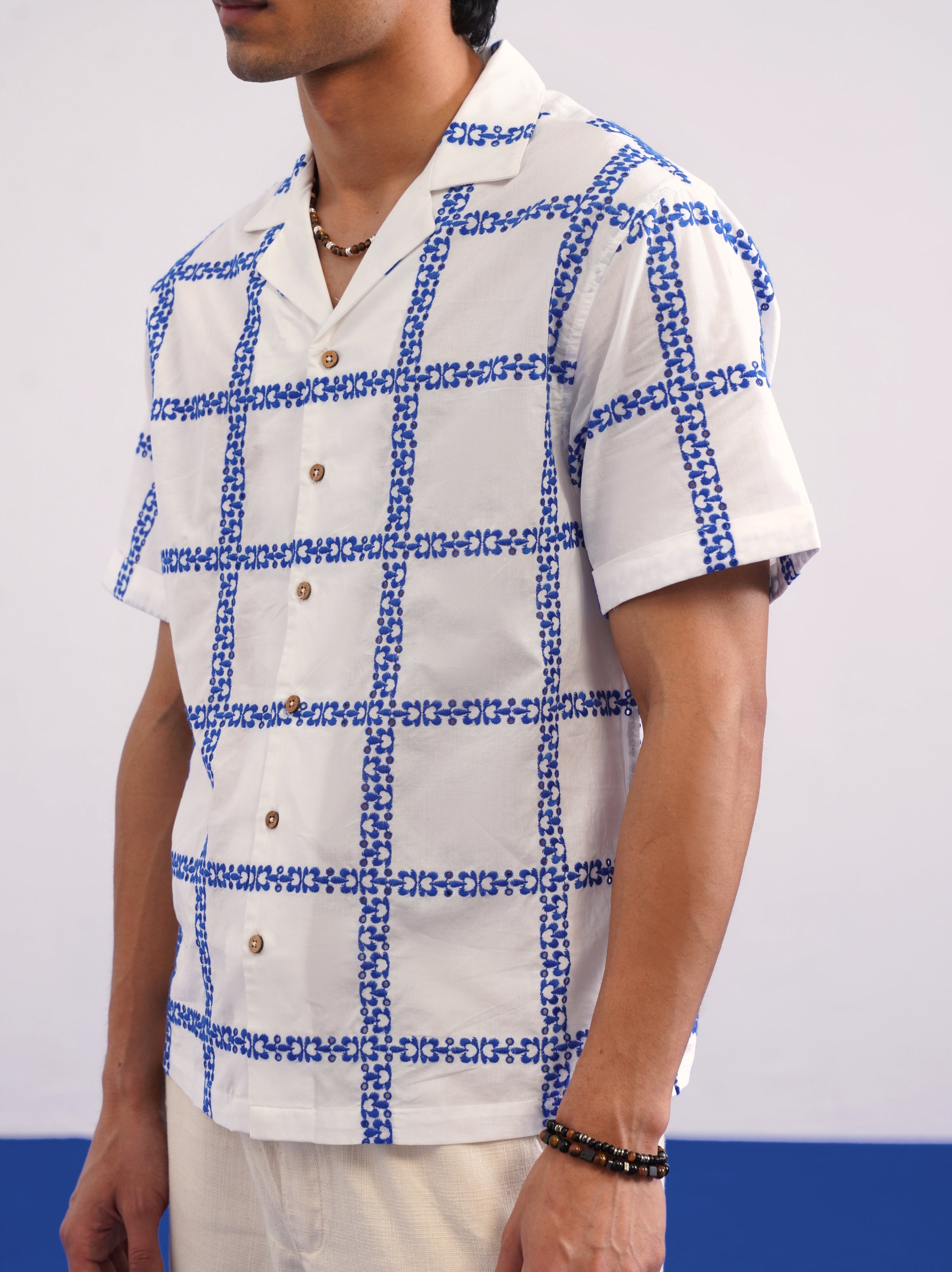 CABANA BLOOM COTTON SHIRT - SALT/COBALT BLUE