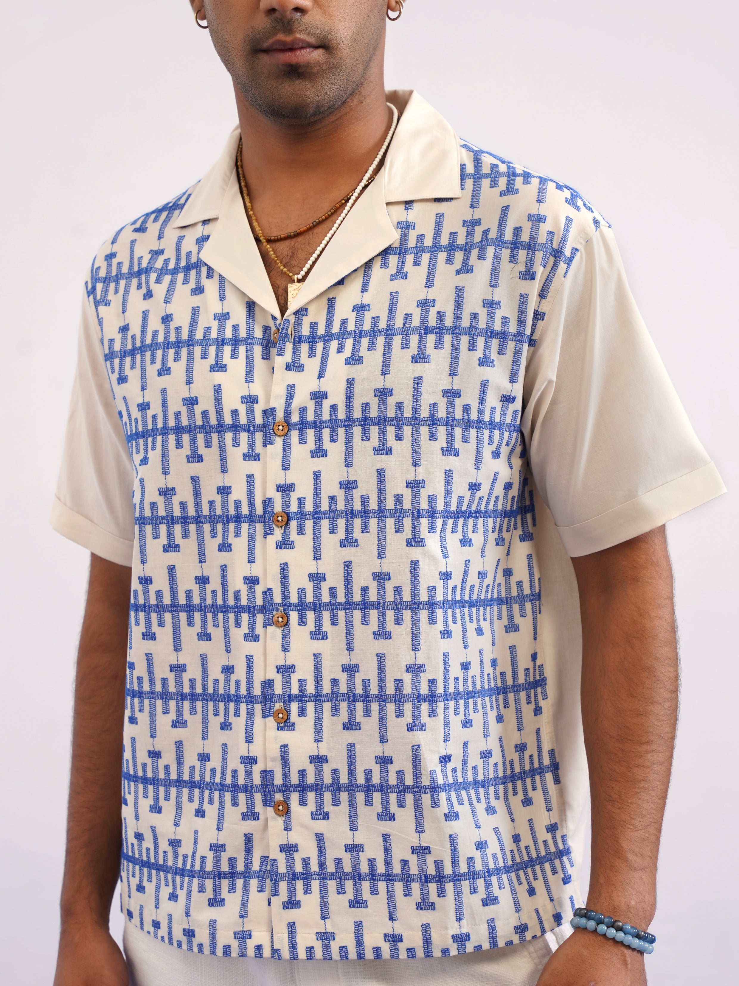PIERLINE COTTON SHIRT - ECRU/COBALT BLUE
