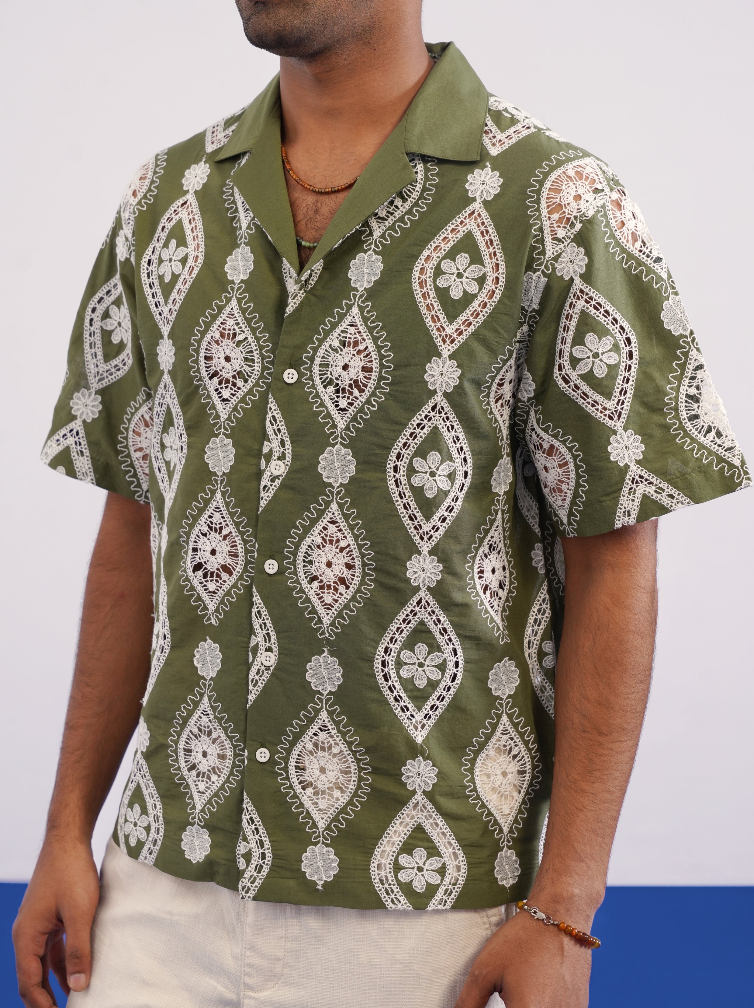 OASIS MEDALLION COTTON CUTWORK SHIRT - PALM OLIVE
