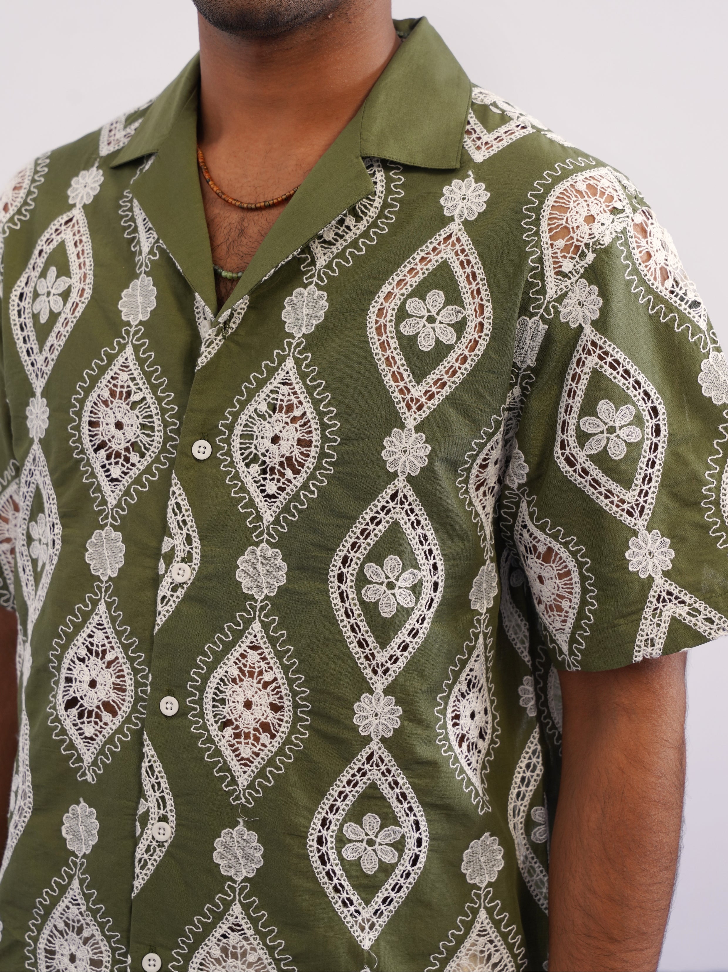 OASIS MEDALLION COTTON CUTWORK SHIRT - PALM OLIVE