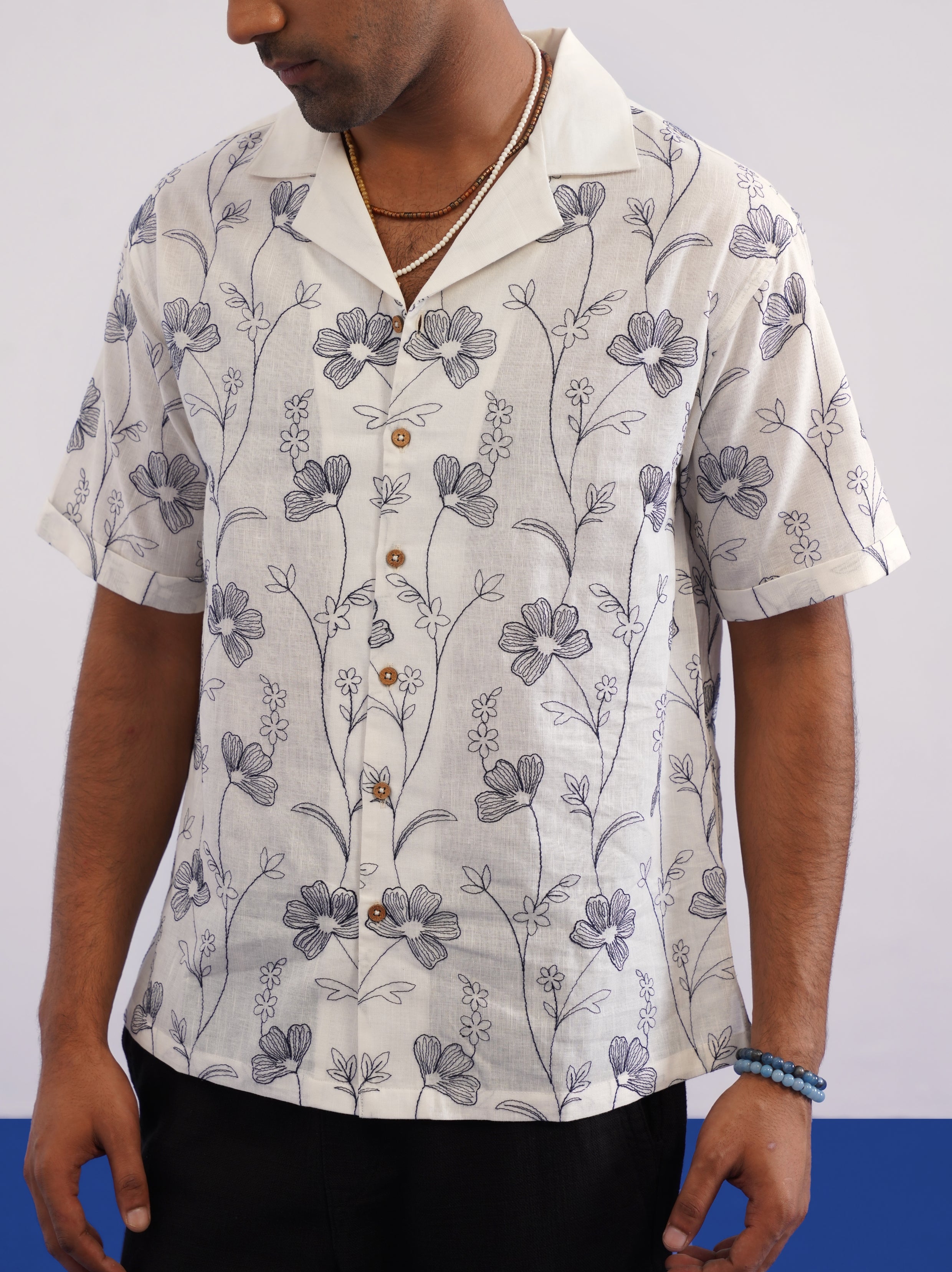 INK MEADOW COTTON LINEN SHIRT - SALT/MIDNIGHT BLACK