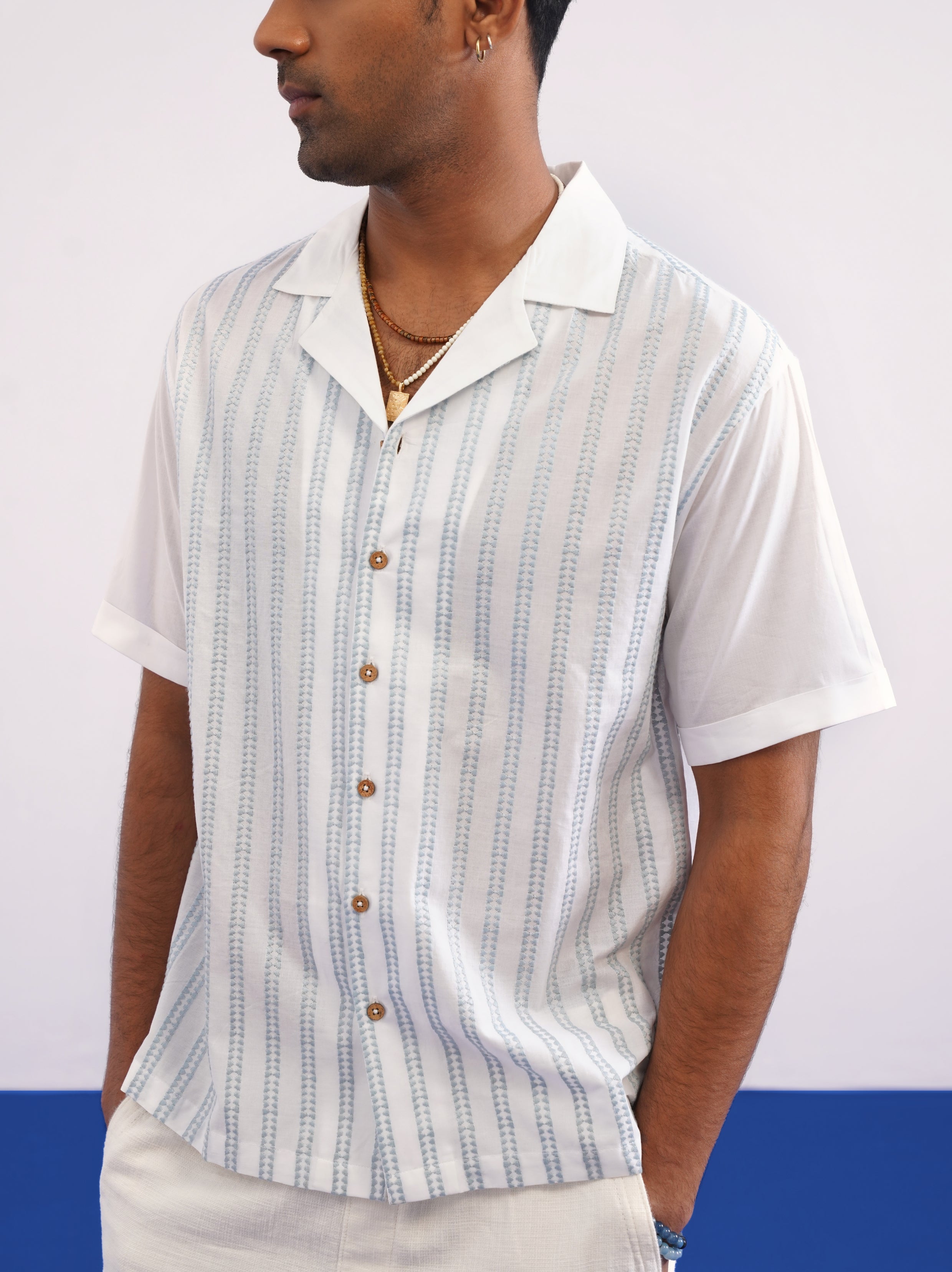 SKYTRAIL COTTON SHIRT - SALT/SKY BLUE