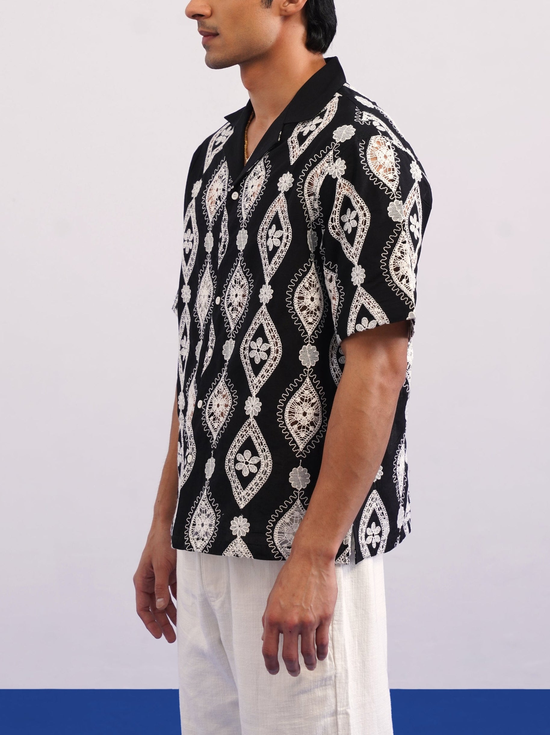 OASIS MEDALLION COTTON CUTWORK SHIRT - MIDNIGHT BLACK