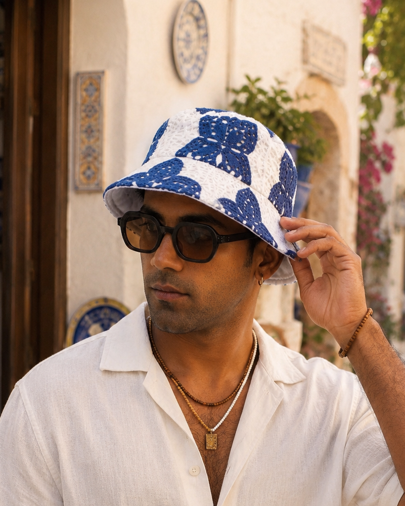 AZUR BLOOM GUIPURE BUCKET HAT - PORCELAIN NAVY