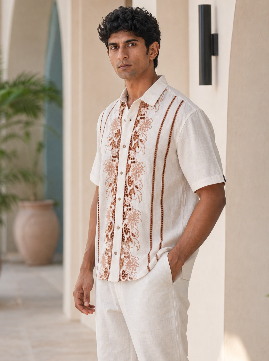Twin Vines Cotton Linen Shirt (Beige Cream)