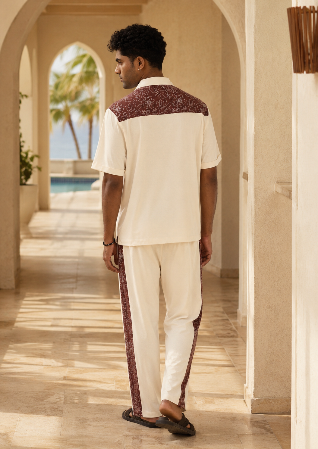 COASTAL GLYPH COTTON KNIT PJ CO-ORD SET - CREAMY CLOUD/ESPRESSO BEAN