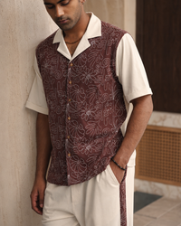 COASTAL GLYPH COTTON KNIT SHIRT - CREAMY CLOUD/ESPRESSO BEAN