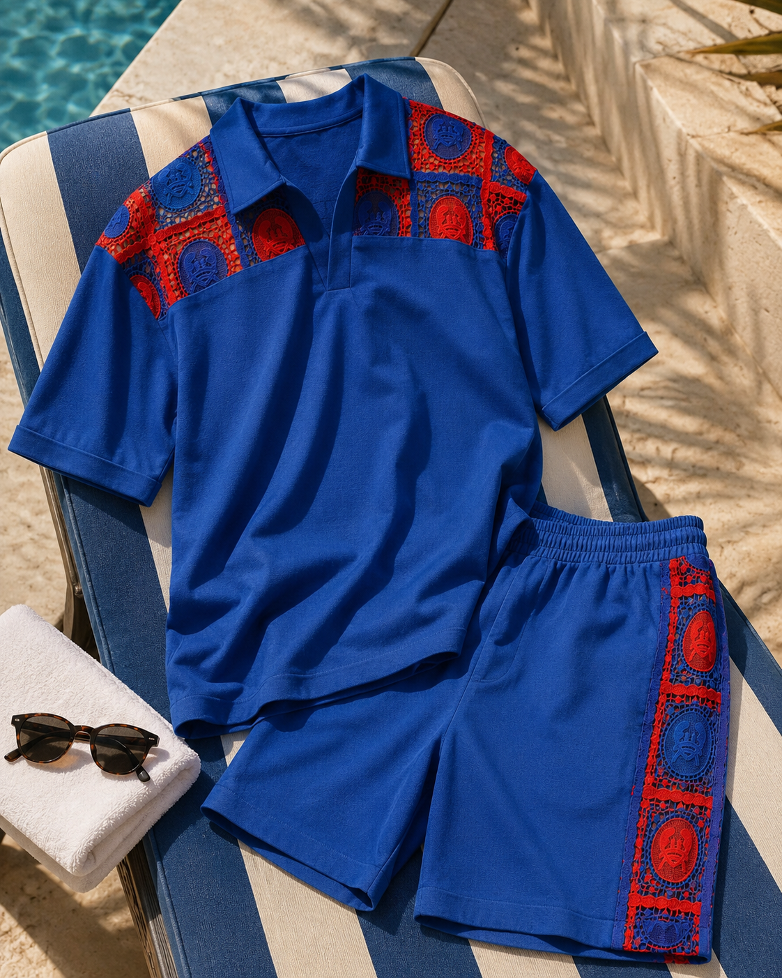 KRAB CREST GUIPURE COTTON KNIT CO-ORD SET - COBALT EMBER