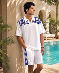 KRAB CREST GUIPURE COTTON KNIT CO-ORD SET - COBALT PEARL