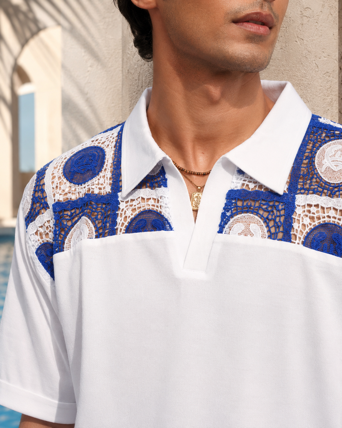 KRAB CREST GUIPURE COTTON KNIT T-SHIRT - COBALT PEARL