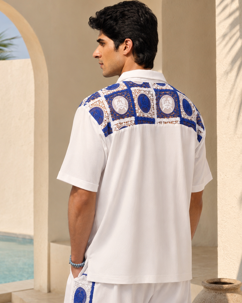 KRAB CREST GUIPURE COTTON KNIT T-SHIRT - COBALT PEARL