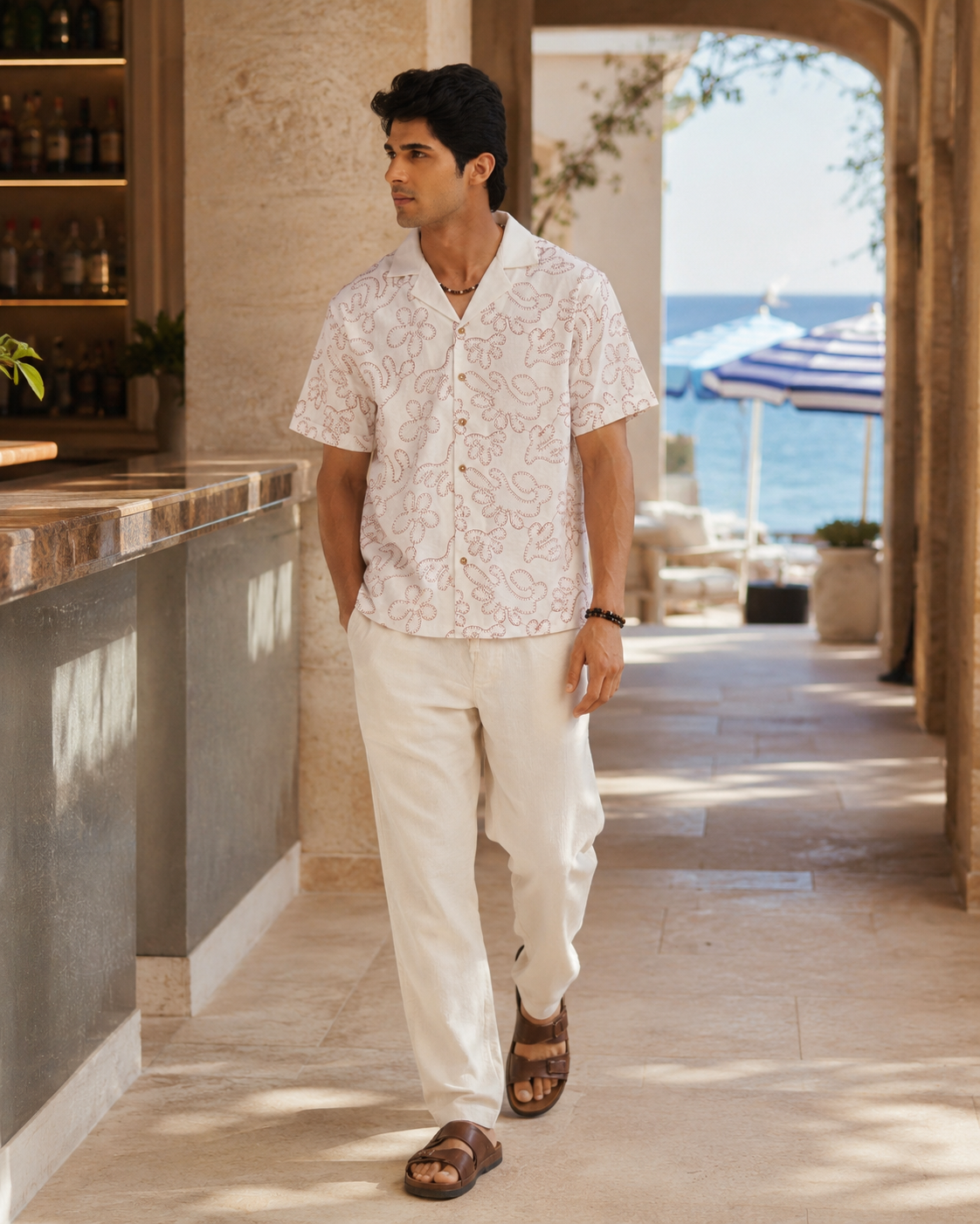 CORAL DRIFT COTTON LINEN SHIRT - SALT/CORAL RED