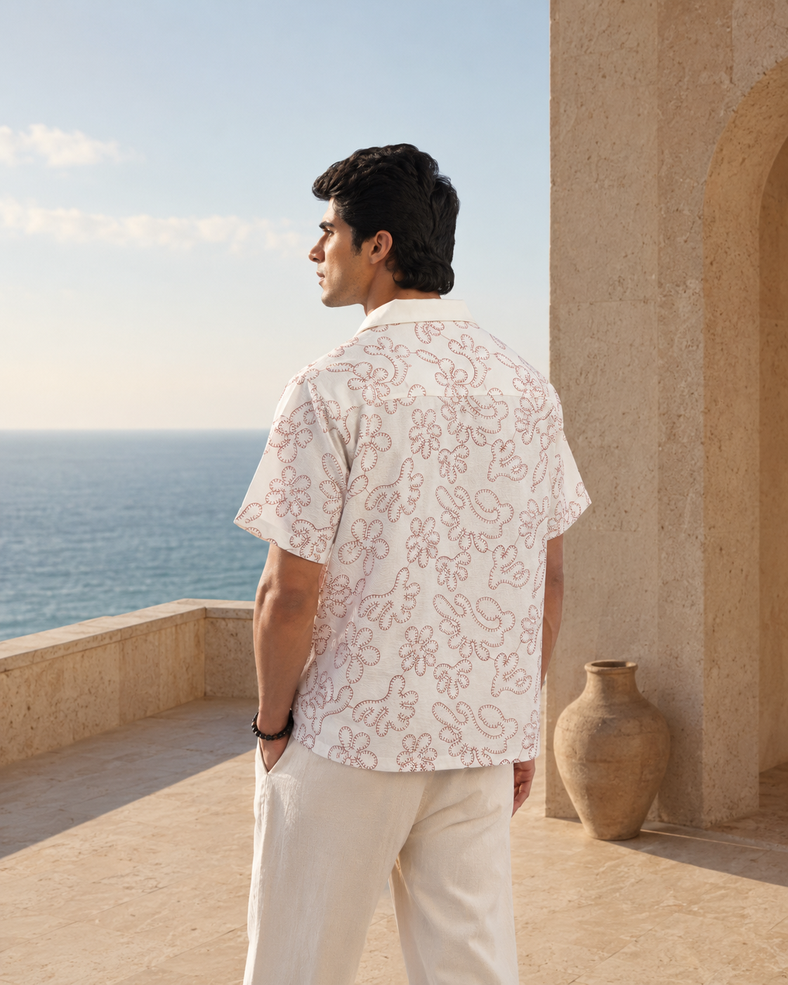 CORAL DRIFT COTTON LINEN SHIRT - SALT/CORAL RED