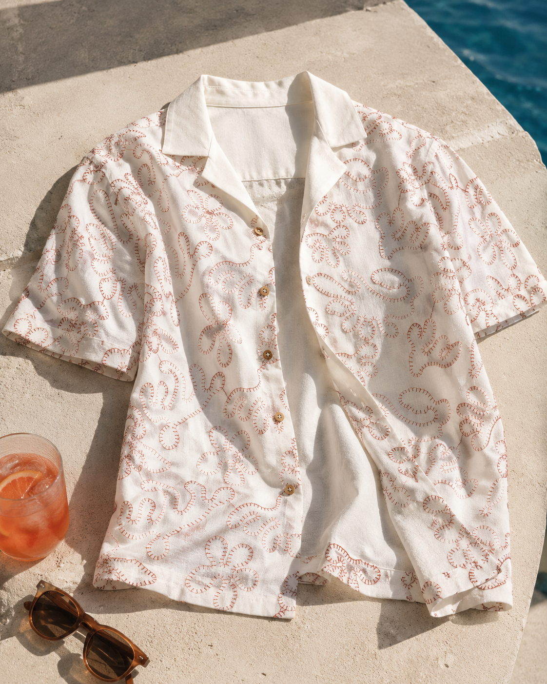 CORAL DRIFT COTTON LINEN SHIRT - SALT/CORAL RED