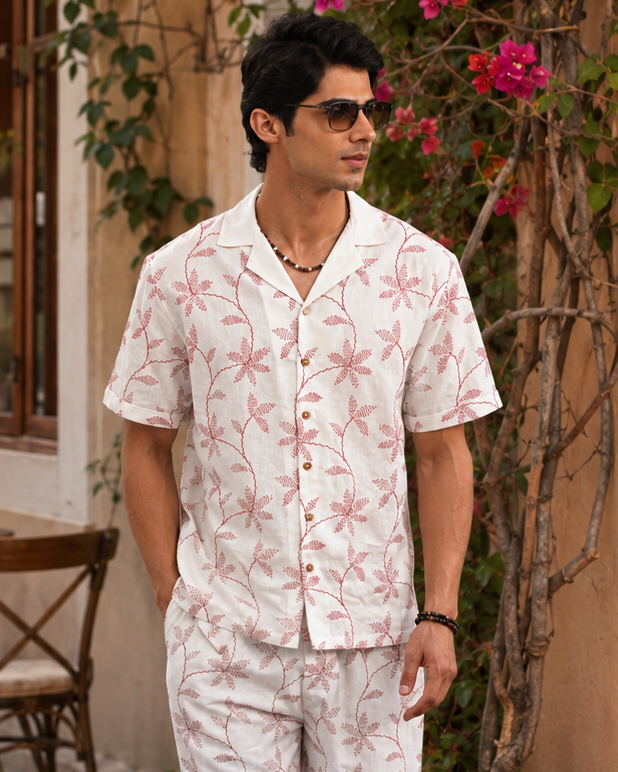 CORAL VINE COTTON LINEN SHIRT - SALT RED