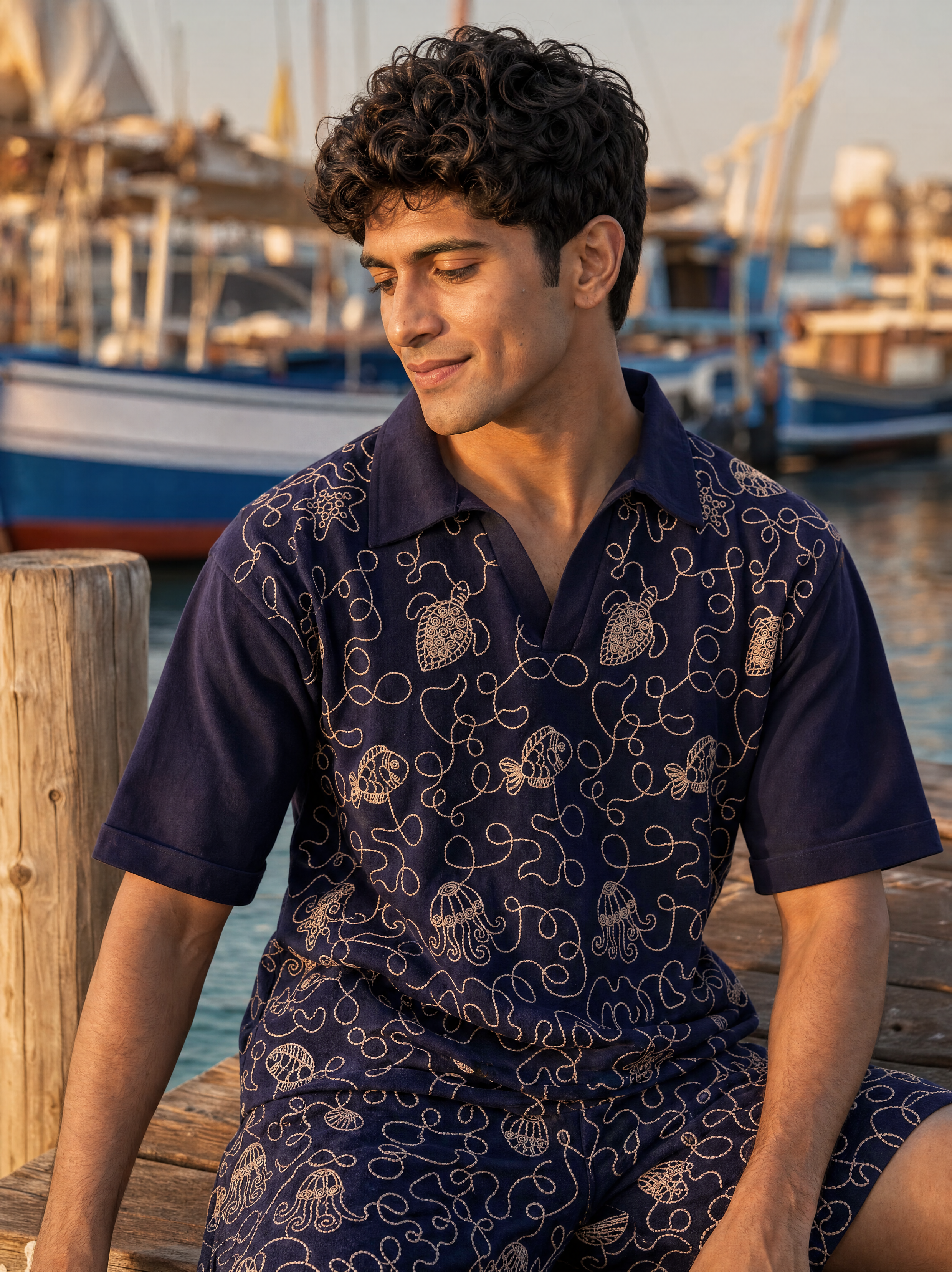 Reef Rider Cotton Knit Co-ord Set (Dark Indigo)