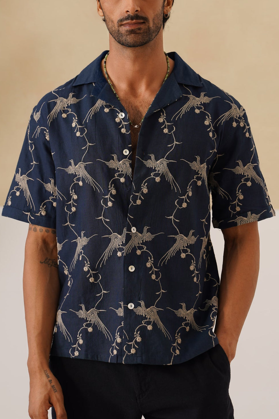 Plume & Bloom Cotton Linen Shirt (Navy Blue With Ivory Embroidery)