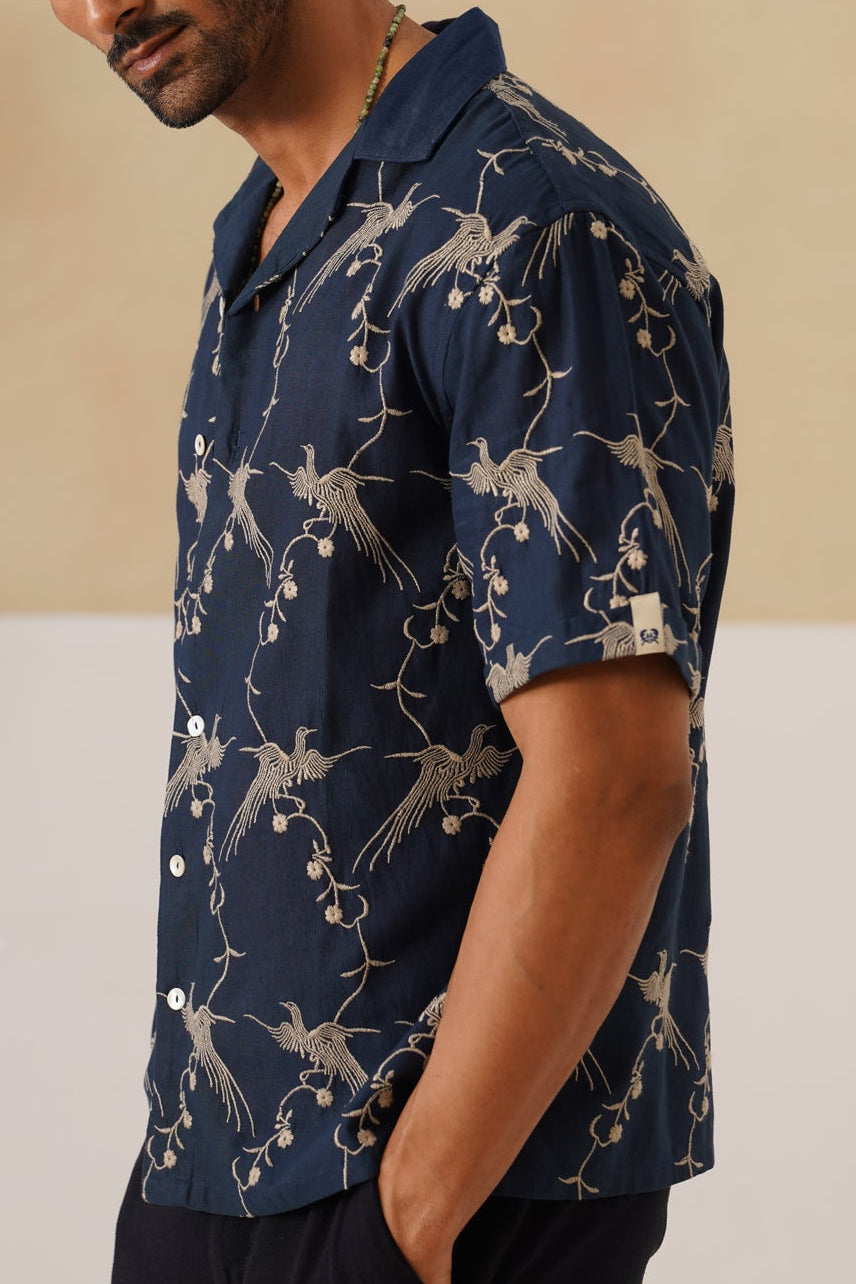 Plume & Bloom Cotton Linen Shirt (Navy Blue With Ivory Embroidery)
