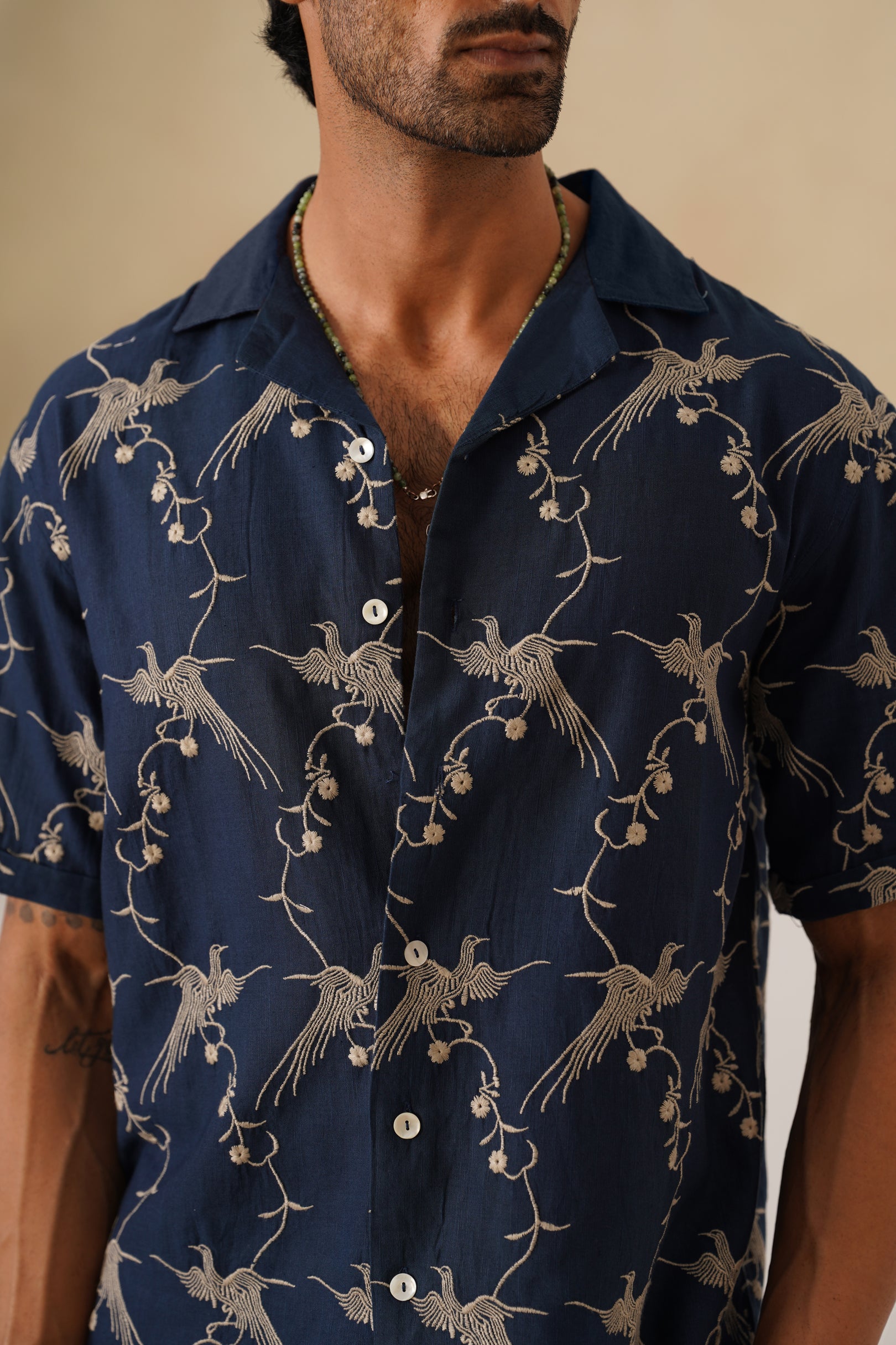 Plume & Bloom Cotton Linen Shirt (Navy Blue With Ivory Embroidery)