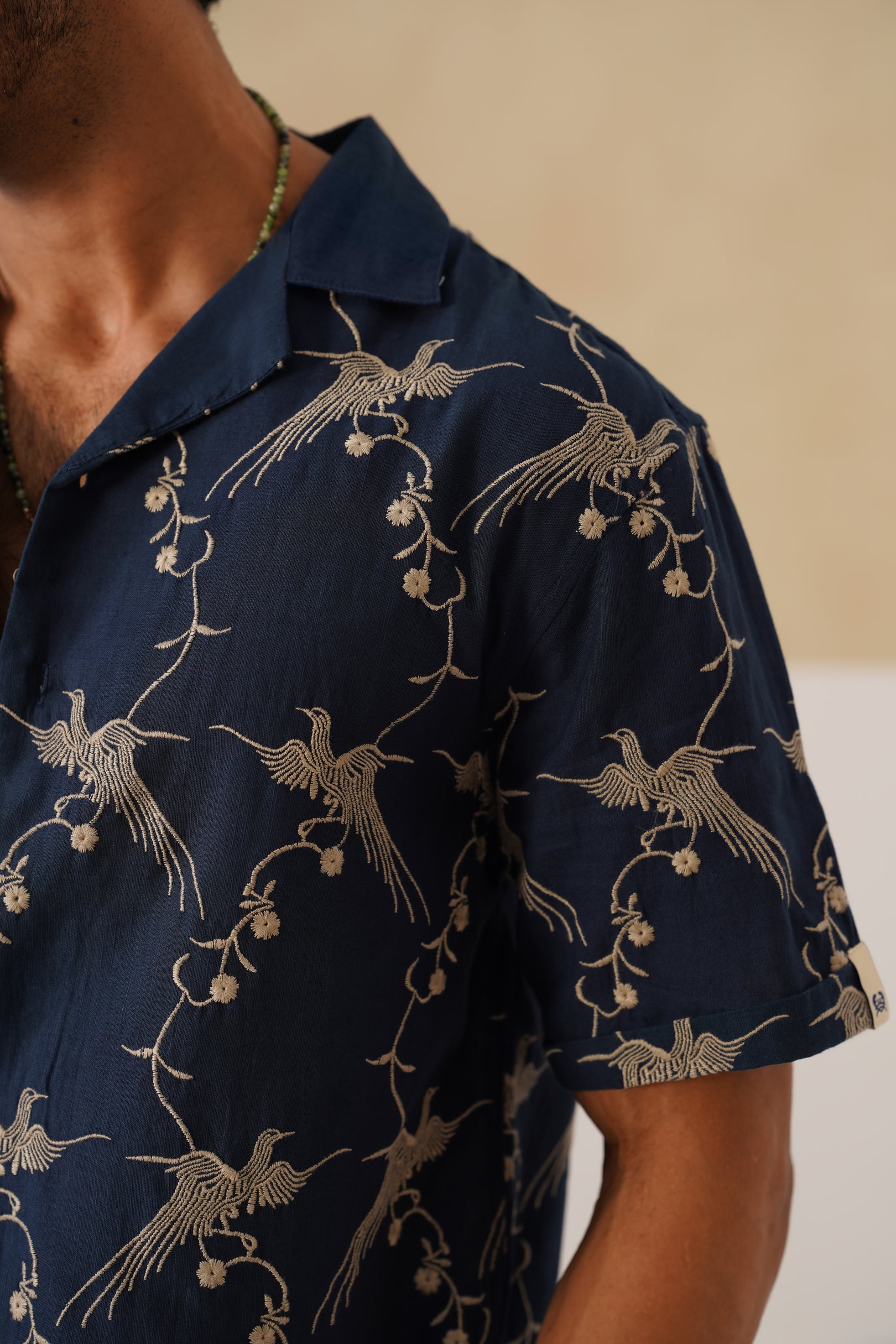Plume & Bloom Cotton Linen Shirt (Navy Blue With Ivory Embroidery)