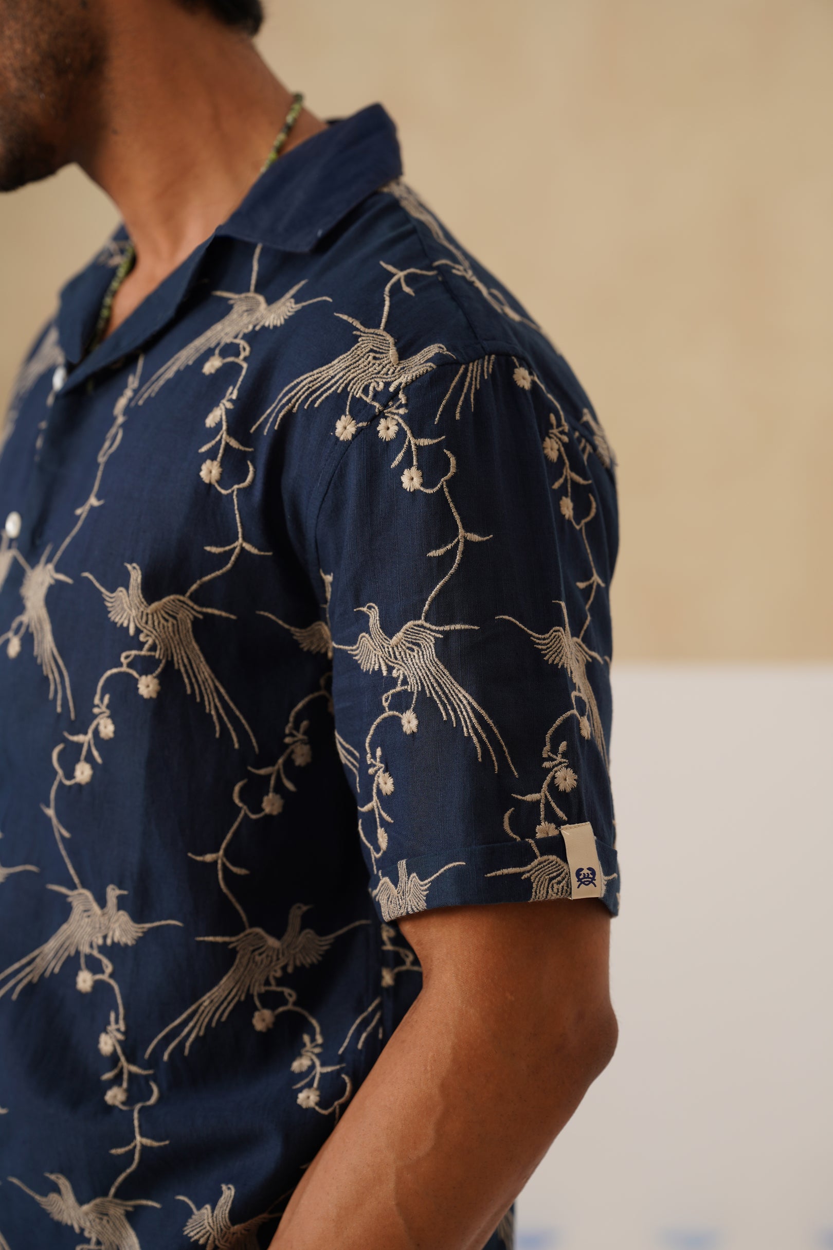 Plume & Bloom Cotton Linen Shirt (Navy Blue With Ivory Embroidery)
