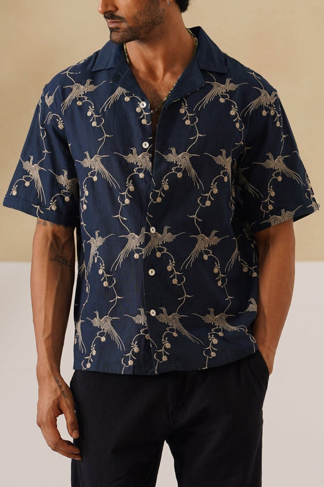 Plume & Bloom Cotton Linen Shirt (Navy Blue With Ivory Embroidery)