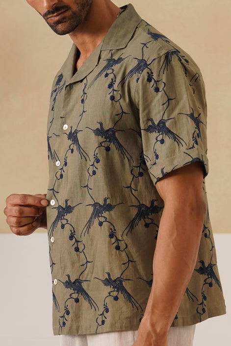 Plume & Bloom Cotton Linen Shirt (Navy Blue With Ivory Embroidery)