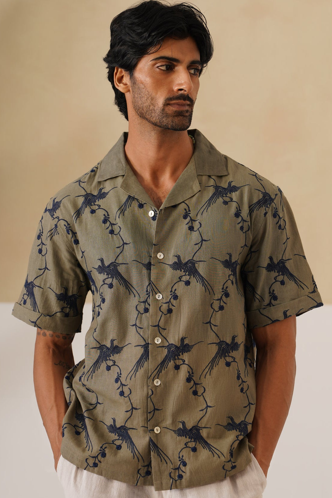 Plume & Bloom Cotton Linen Shirt (Navy Blue With Ivory Embroidery)