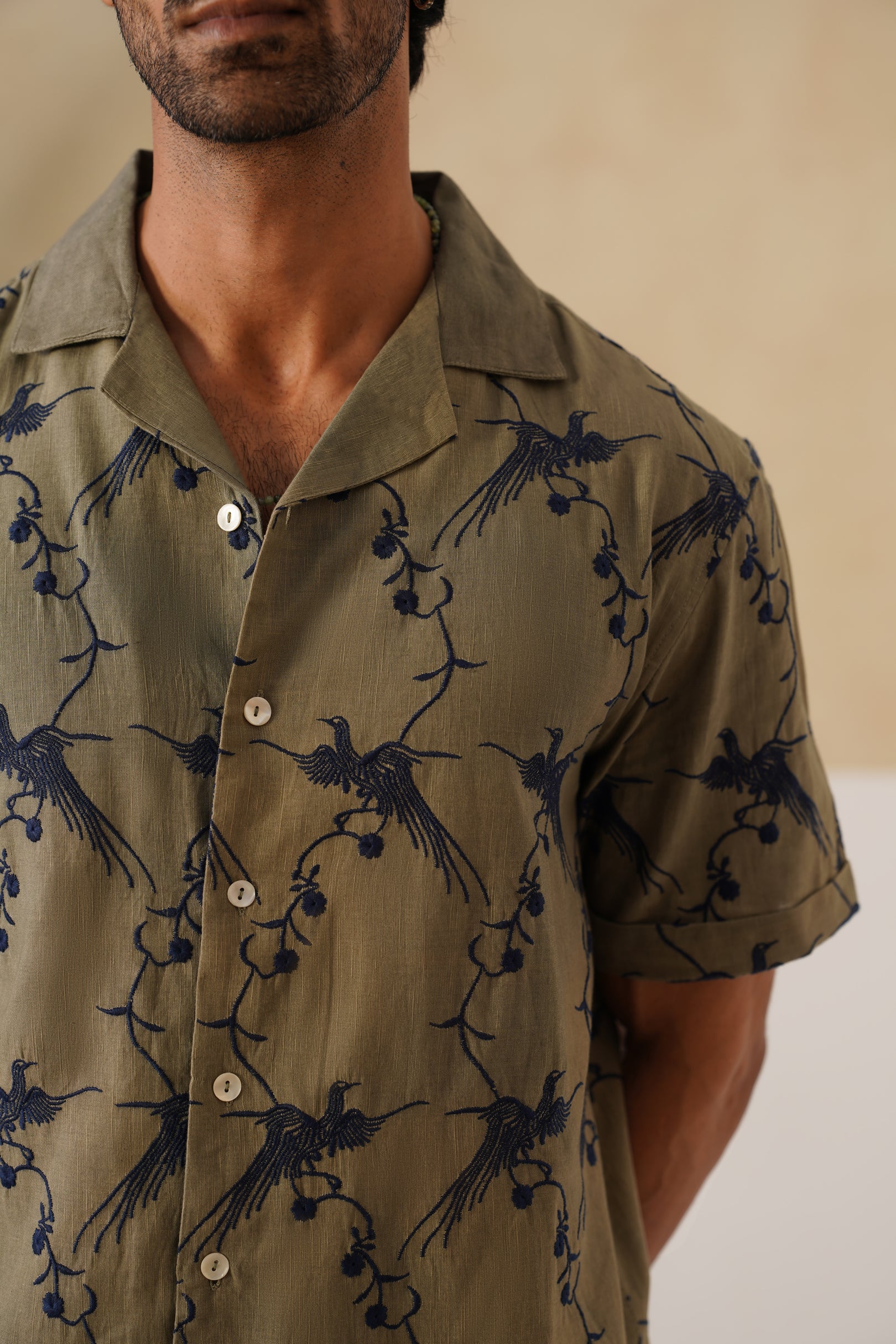 Plume & Bloom Cotton Linen Shirt (Olive Green with Navy Embroidery)