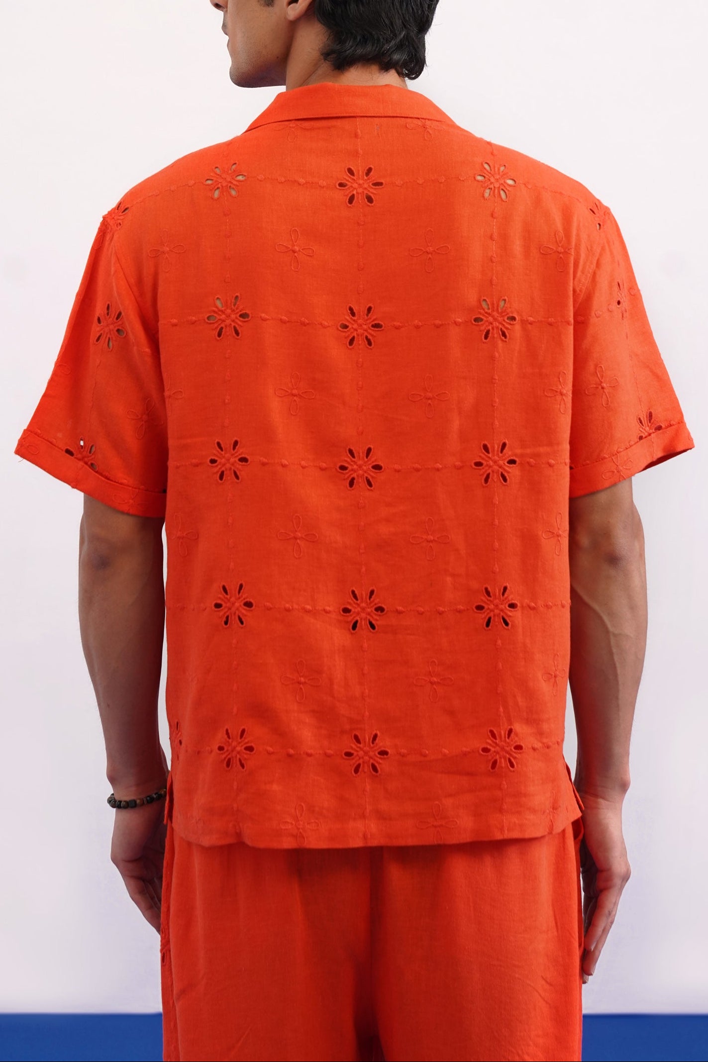 TANGERINE EYELET VISCOSE LINEN SHIRT - TANGERINE ORANGE