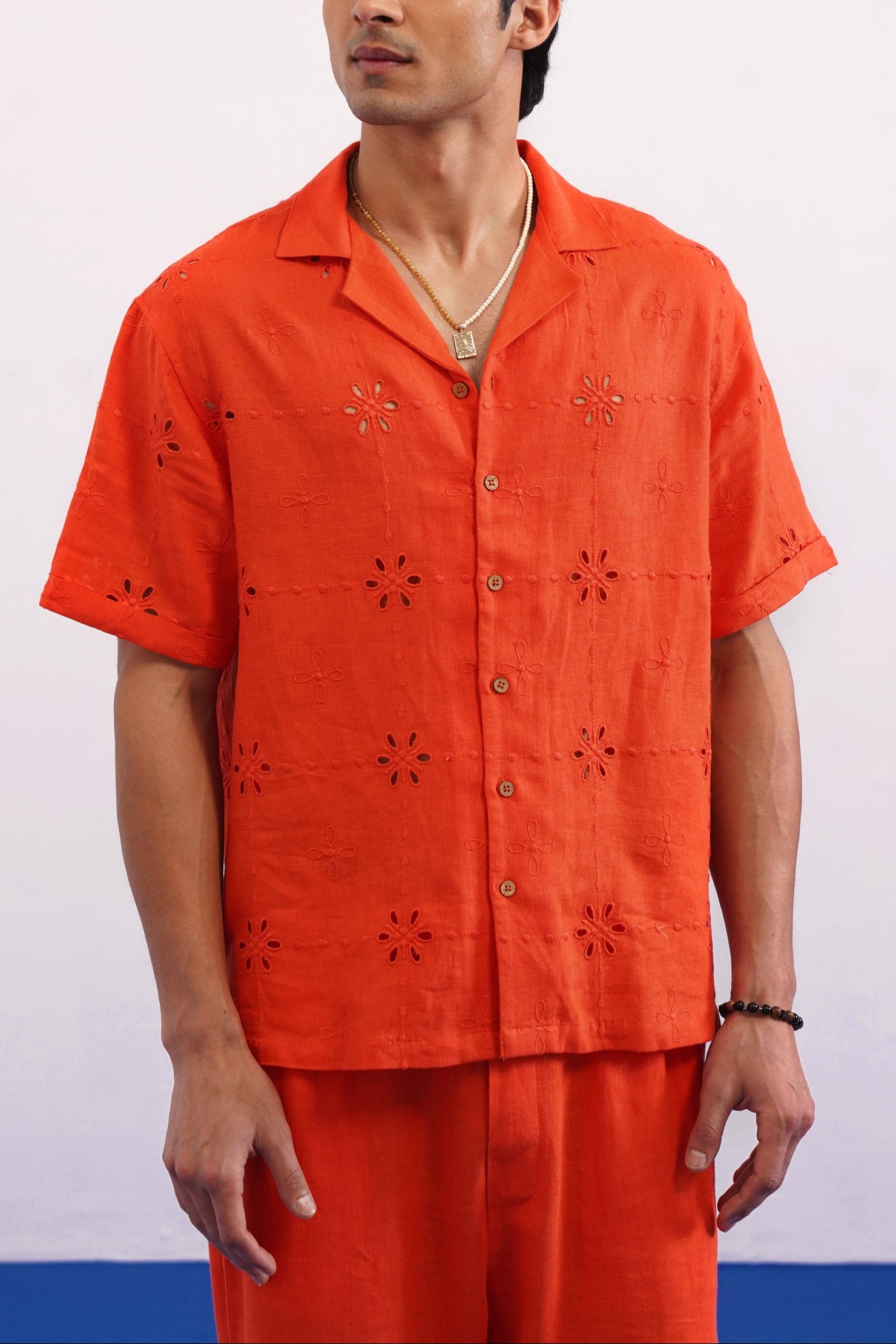 TANGERINE EYELET VISCOSE LINEN SHIRT - TANGERINE ORANGE